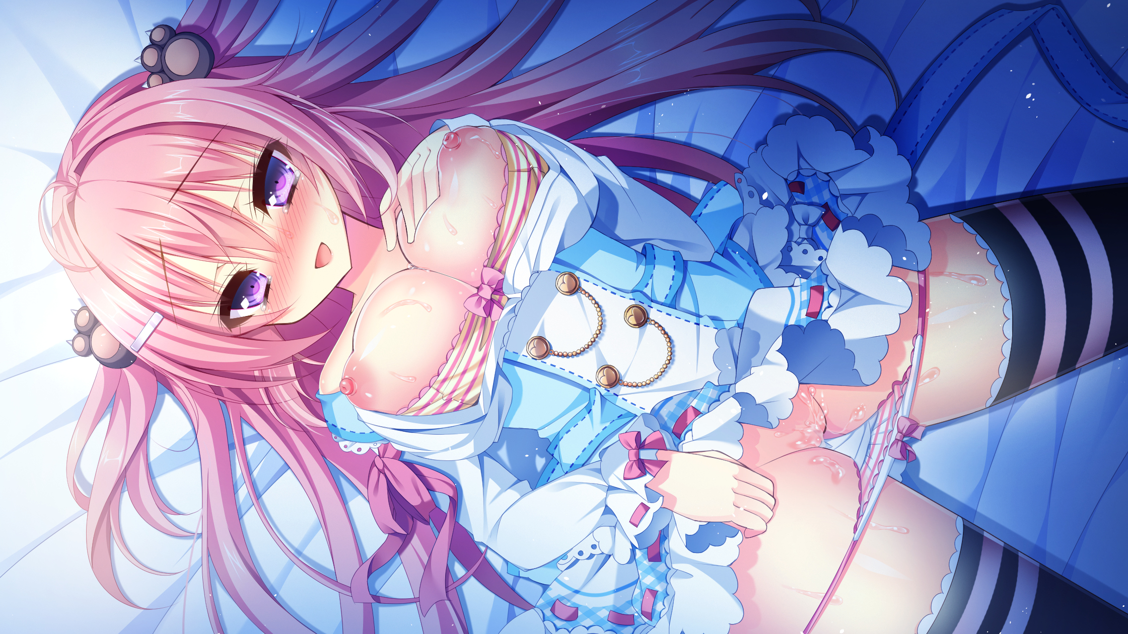nae-nae, game cg, aliasing, breast hold, breasts, cameltoe, chelsea soft, koi wa yumemiru mouretsu girl!, nipples, panties, pussy juice, school uniform, skirt lift, striped panties, thighhighs, underwear, yuunagi shizuku, 