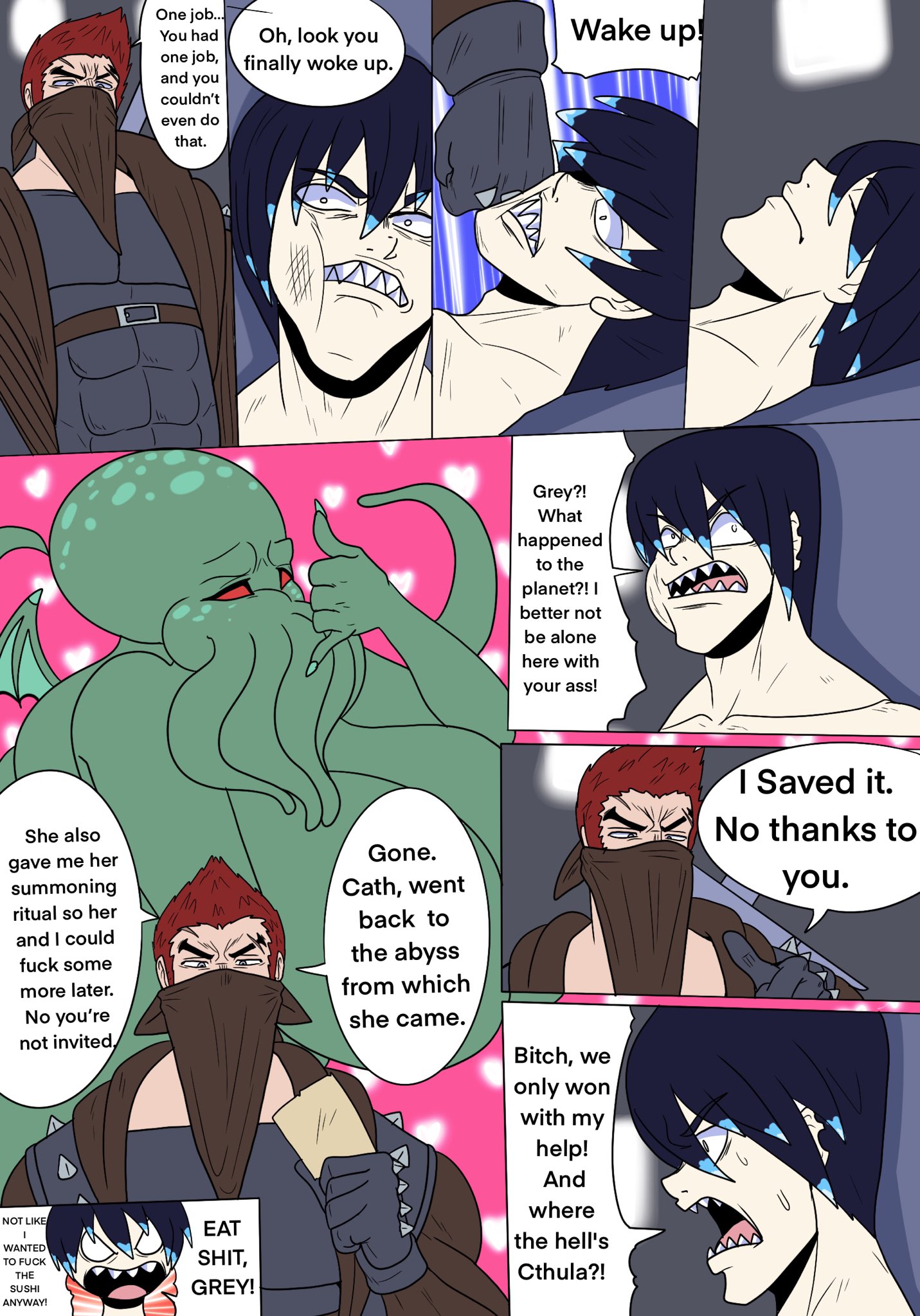 ninja-8004, cthulhu, original character, cthulhu mythos, original characters, comic, digital media (artwork), rule 63, 1girls, 2boys, anthro, ass, big ass, big breasts, big thighs, breasts, cthulha, curvaceous, curvy, curvy figure, deity, draconic, draconic humanoid, dragon, dragon girl, dragon humanoid, dragon wings, eldritch being, female, god, goddess, great old one, great old one (h.p. lovecraft), green-skinned female, green body, green skin, grey (numh), hips, hourglass figure, huge ass, huge breasts, huge thighs, humanoid, johannes (sorantheman), large ass, large breasts, large thighs, legs, male, male/female, monster, monster girl, nightmare waifu, notice us monster hunter, octopus, octopus girl, octopus head, octopus humanoid, octopus tentacle, red eyes, sea creature, sea monster, slim waist, story, straight, tentacle, thick, thick hips, thick legs, thick thighs, thighs, voluptuous, waist, wide hips, wide thighs, wings, 
