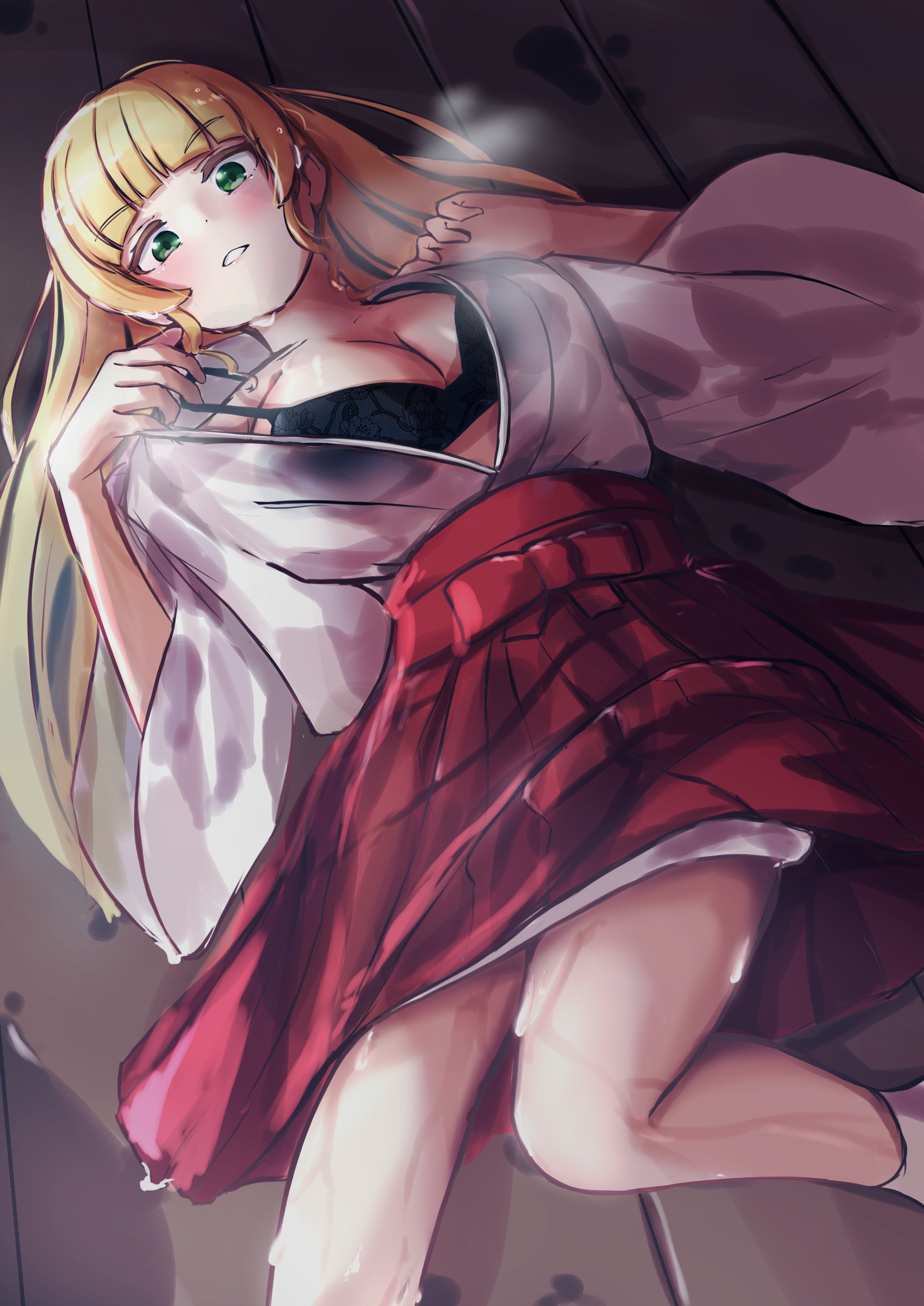 love live!, black bra, blush, bra, breasts, female, hakama, heanna sumire, large breasts, love live! superstar!!, lying, lying on back, lying on bed, lying on floor, miko outfit, on floor, open clothes, pulling bra, see-through, steaming body, sweaty, sweaty clothes, very sweaty, wooden floor, worried, 