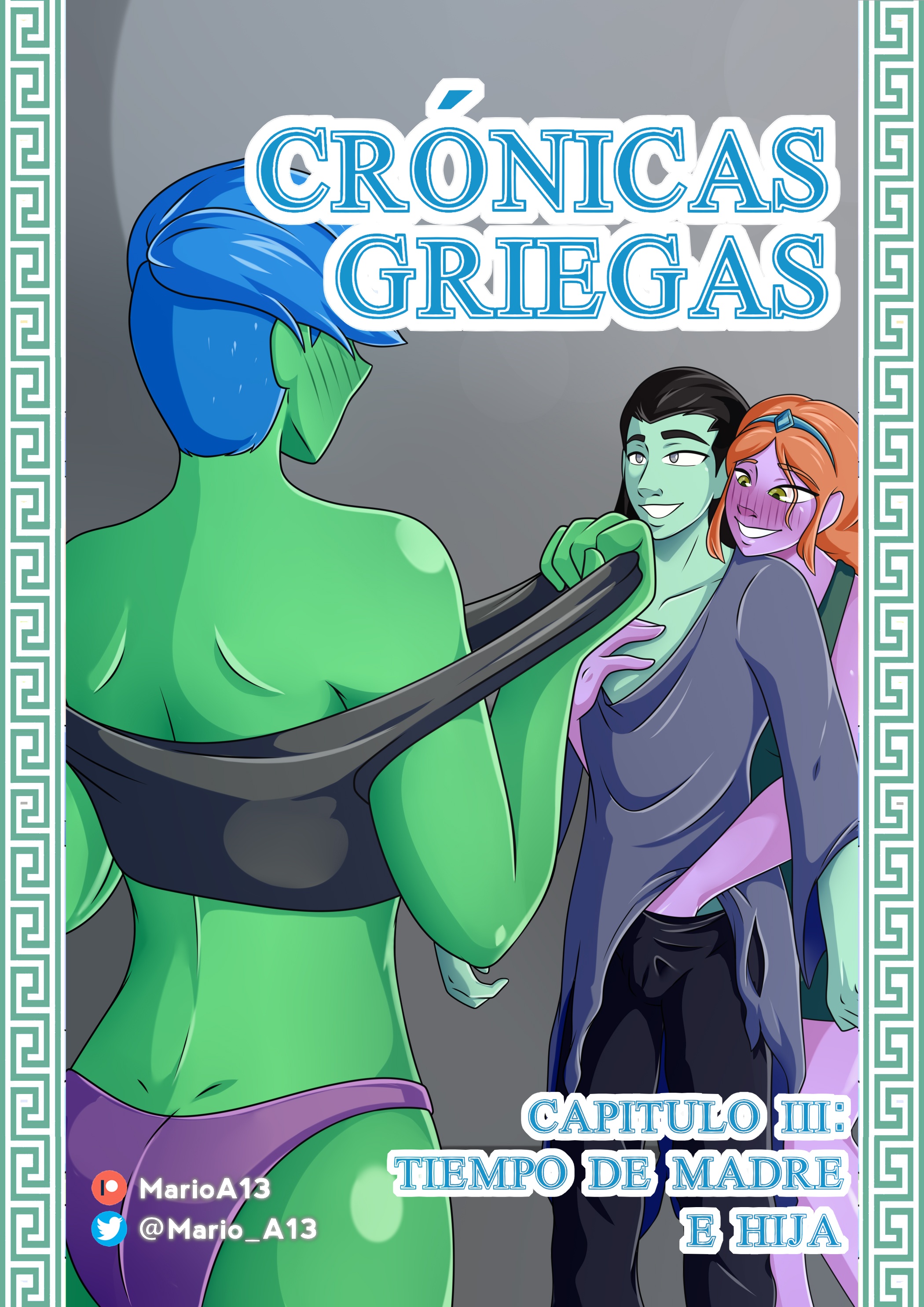 demeter, destripando la historia, greek mythology, mythology, comic cover, patreon username, spanish text, twitter username, 1boy, 2022, 2girls, blue skin, blue text, deity, demeter (destripando la historia), diadem, european mythology, female, goddess, green skin, green skinned female, hades (destripando la historia), hand inside pants, hand on another's chest, hand on chest, husband and wife, light blue skin, light purple skin, male, marioa13, milf, mother and daughter, persephone (destripando la historia), public domain, purple skin, smiling, smiling at another, uncle and niece, undressing, undressing self, unseen female face, voluptuous, voluptuous female, 