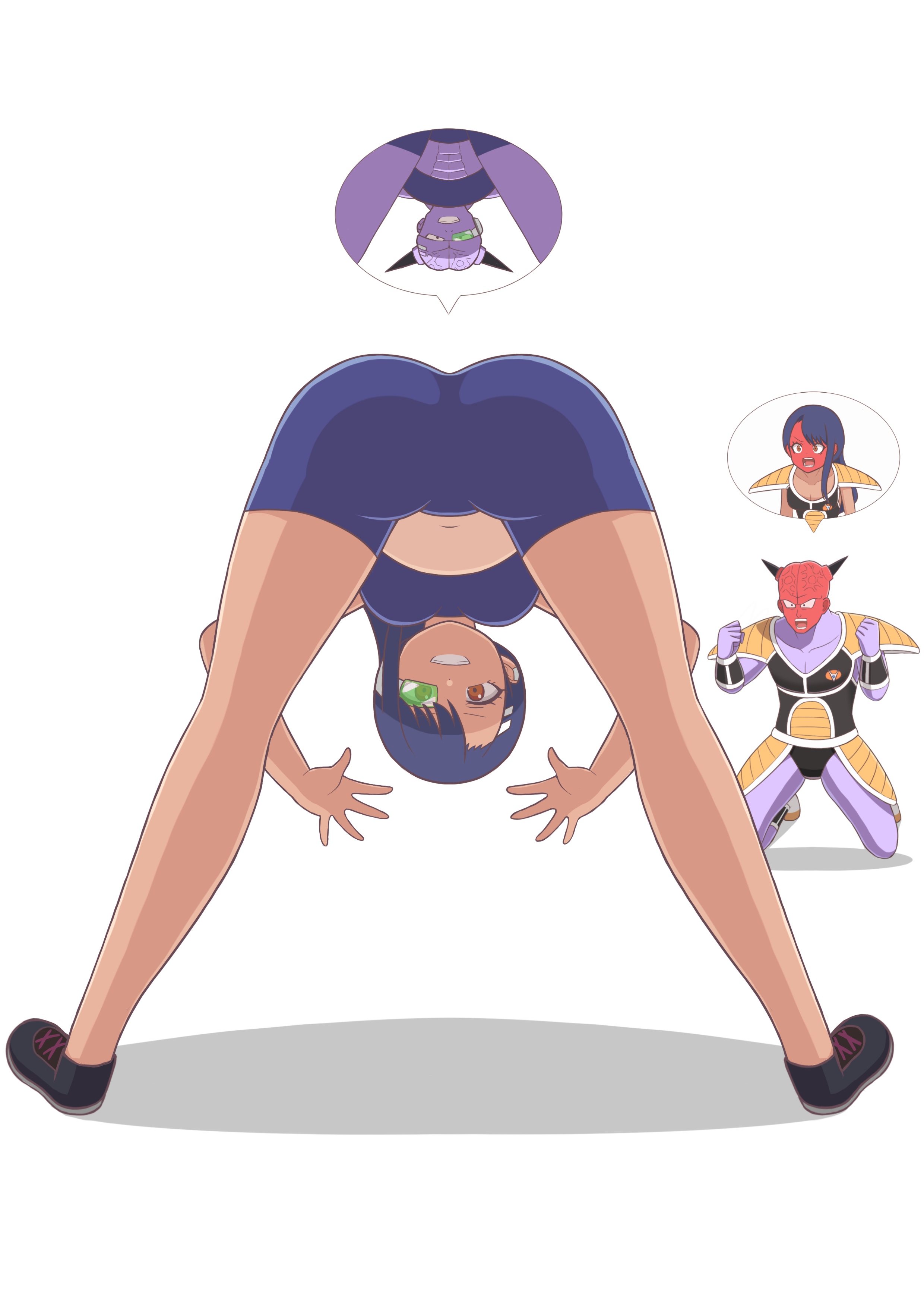 captain ginyu, hayase nagatoro, dragon ball, crossover, simple background, white background, 1boy, 1girls, ass, black hair, blush, body swap, brown eyes, clothed, clothing, kchic99, long hair, navel, revealing clothes, sports bra, sportswear, spread legs, standing, tan, tanline, tanned, 
