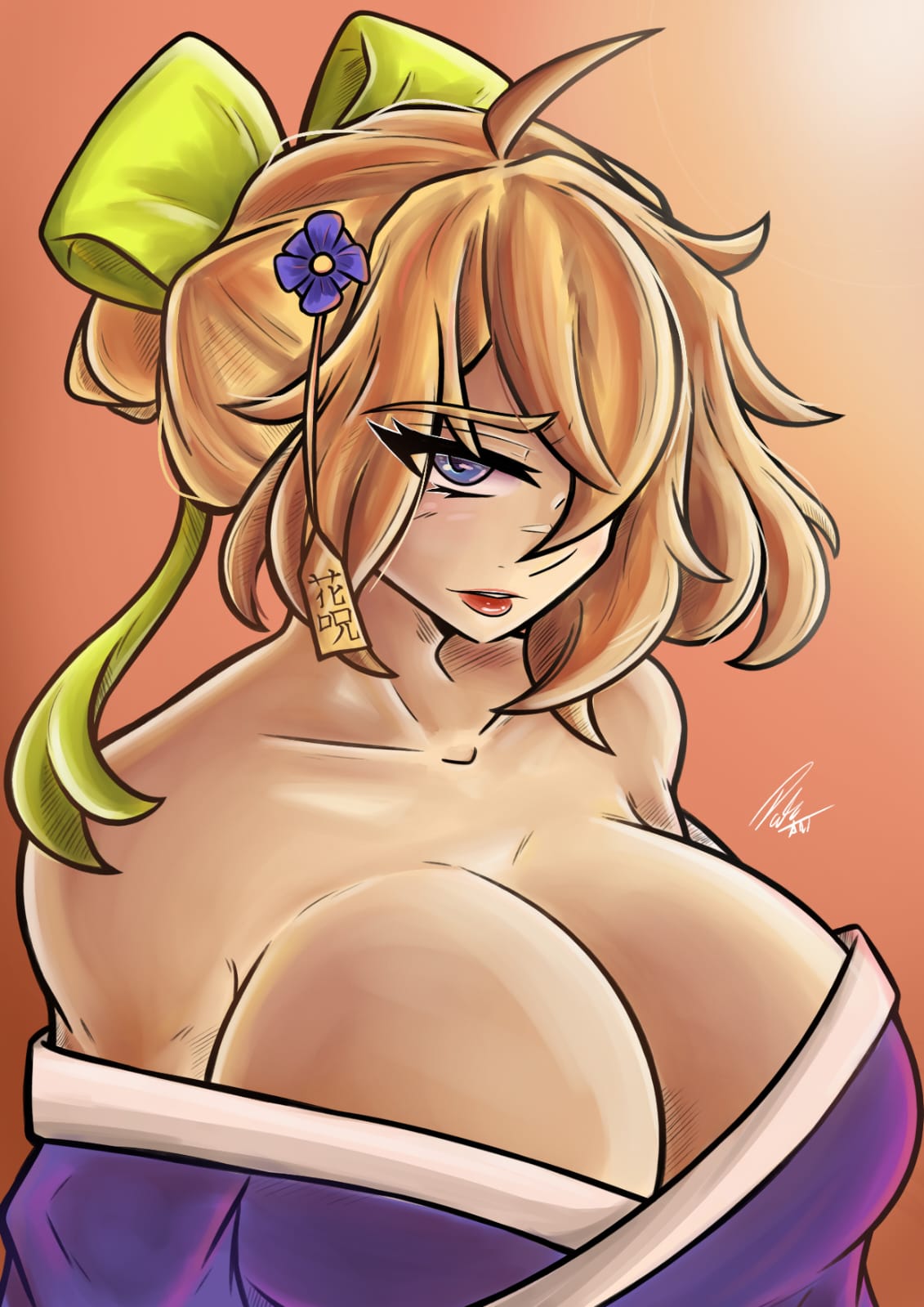1girls, 2025, big breasts, blonde hair, blue eyes, breast focus, breasts, breasts bigger than head, clothed, el diario de jonathan, female, geisha, hair bun, huge breasts, jayden murtons, kimono, lips, medium hair, petina, petoart, sfw, solo, 