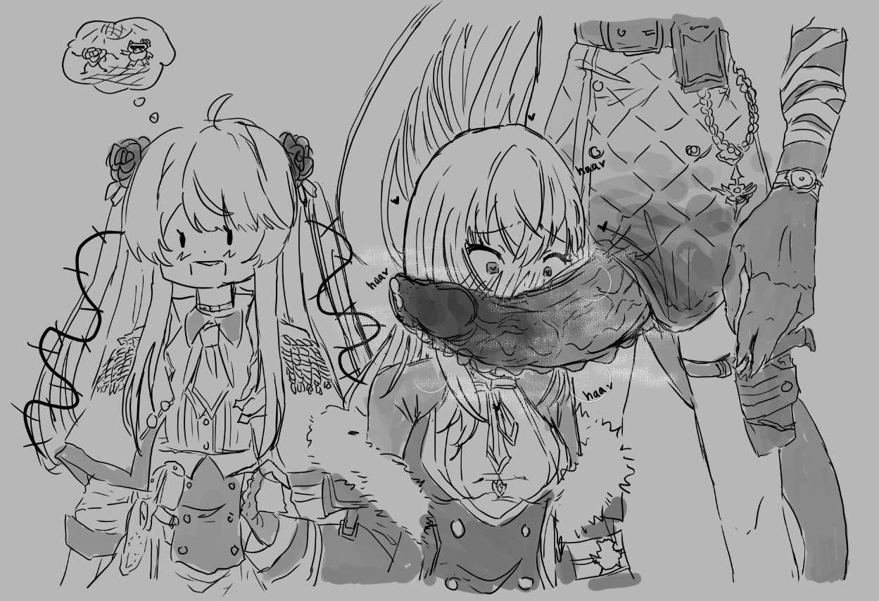 drawfag, nijisanji, virtual youtuber, monochrome, blush, blushing, dragon girl, dragon penis, erect penis, fully clothed, futa on female, futanari, nijisanji en, penis, penis awe, petra gurin, precum, rosemi lovelock, selen tatsuki, steam, 