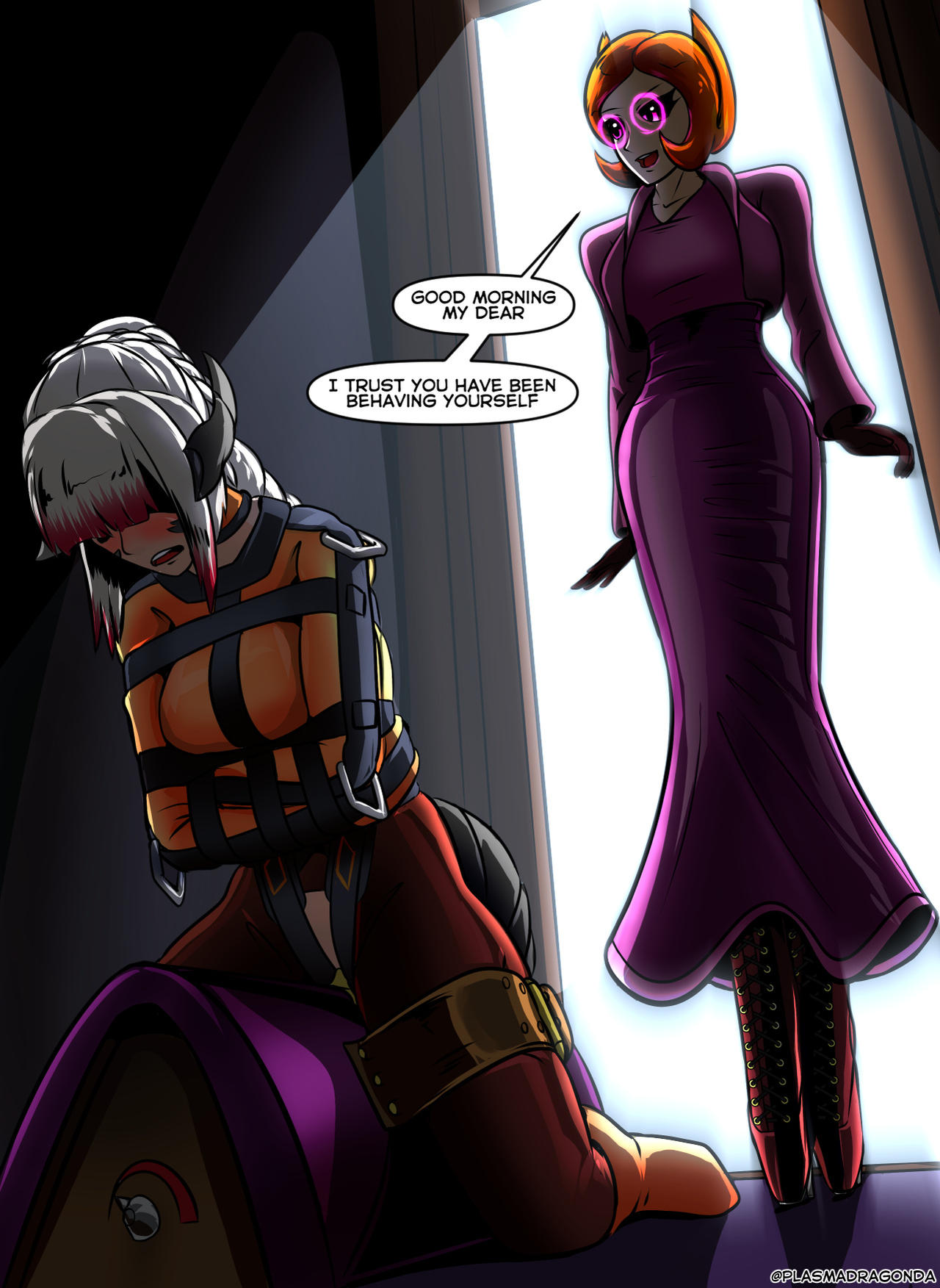 plasma-dragon, original, english text, text, text bubble, 2girls, ballet boots, bodysuit, bondage, braided ponytail, breasts, collar, cropped jacket, dominatrix, dress, femdom, femsub, glasses, highlights (coloring), horns, jacket, large breasts, legs tied, open door, orange hair, purple dress, purple jacket, red highlights, short hair, slave, straitjacket, sybian, white hair, 