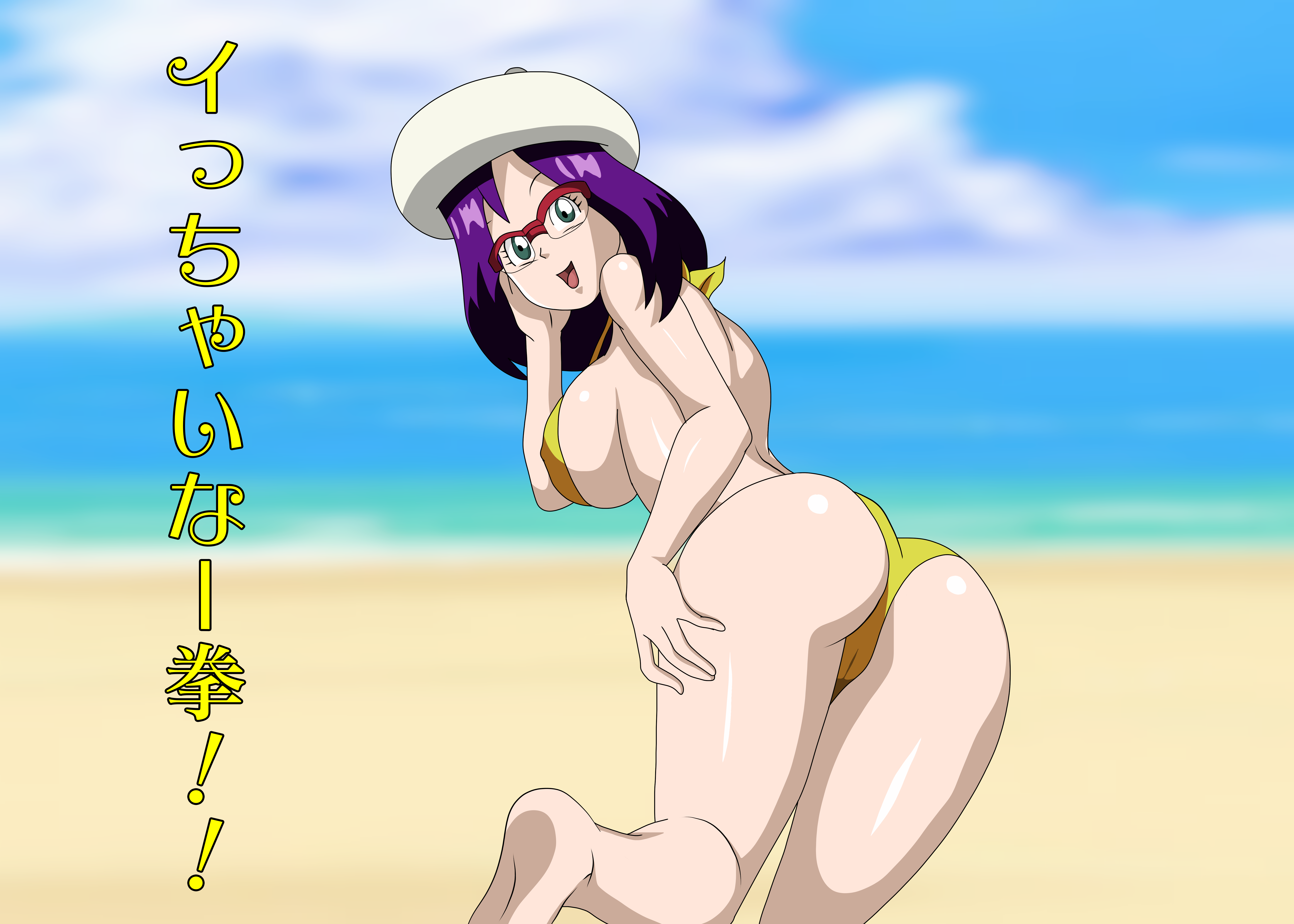 rozie, su roas, dragon ball, dragon ball super, 1girls, ass, beach, bikini, breasts, female, female focus, female only, green eyes, hat, light-skinned female, light skin, looking at viewer, purple hair, sideboob, smile, smiling at viewer, solo, solo female, solo focus, 