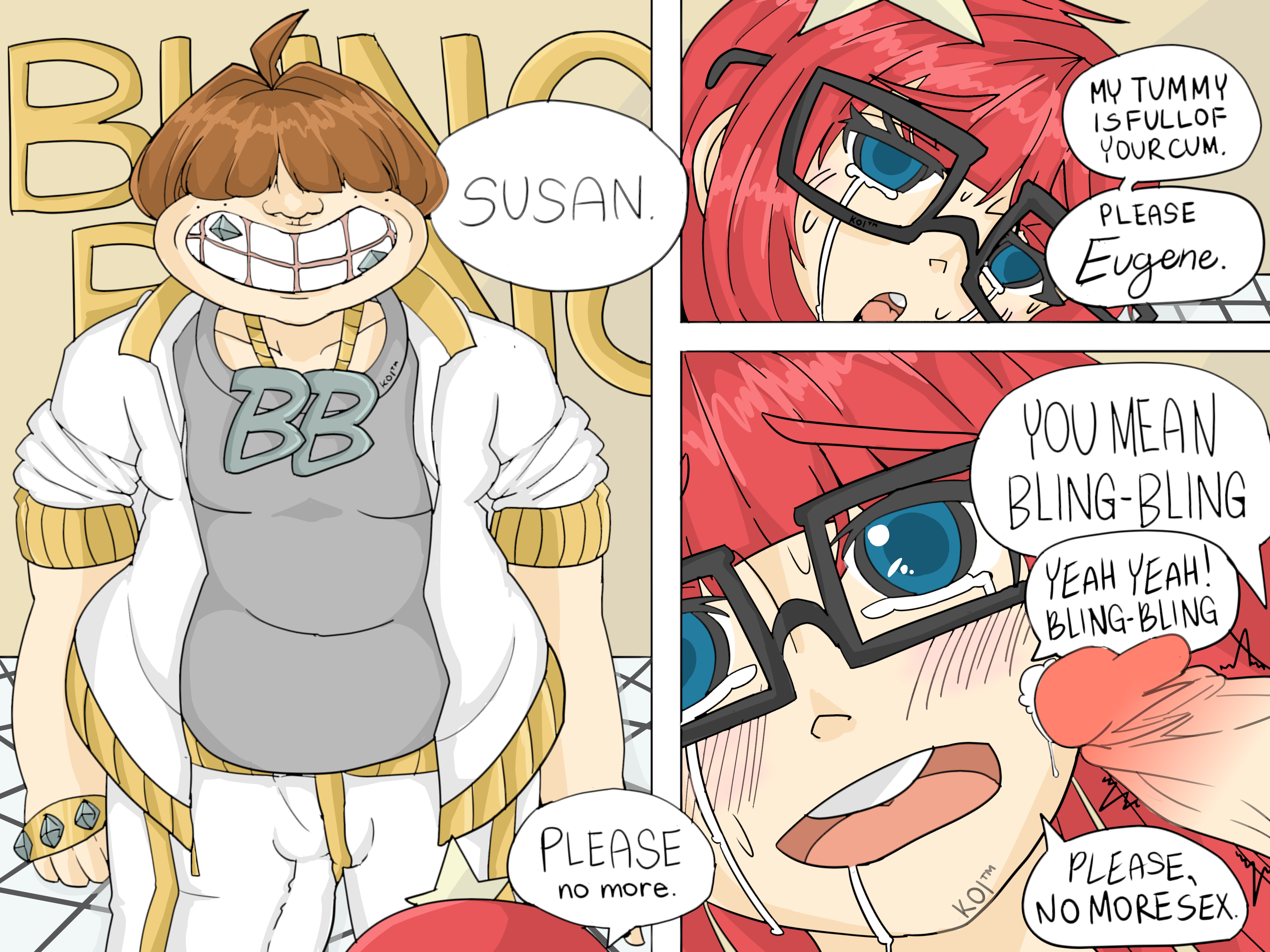 ahoykoi, bling bling boy, susan test, johnny test (series), comic, after sex, bbm, begging, blue eyes, clothed, clothing, cock pointing towards viewer, cry, crying, crying with eyes open, cum drip, cum dripping, eyes visible through hair, fat man, red hair, 