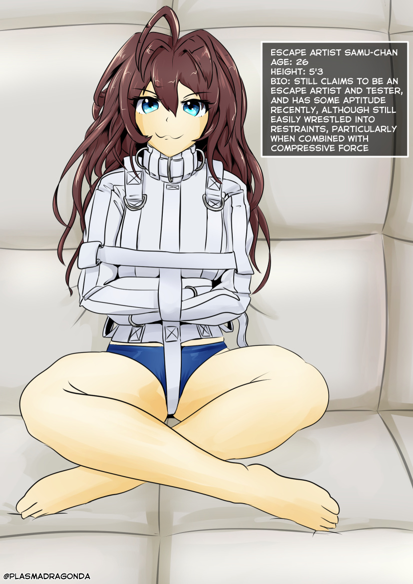plasma-dragon, samu, asylum, bare legs, barefoot, blue eyes, bondage, brown hair, crossed legs, escape artist, good girl, high quality, long term bondage, obedient, padded room, prisoner, smug, straitjacket, 