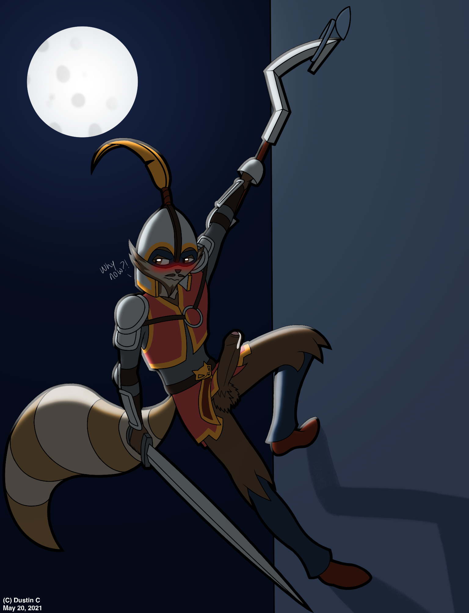 moon, sir galleth cooper, sly cooper (series), sony corporation, sony interactive entertainment, sucker punch, sucker punch productions, ancestor, balls, blush, dustin c, erection, exposed penis, humanoid penis, male, male only, mammal, moonlight, penis, penis out, raccoon, solo, solo male, surprise boner, sword, video game, 