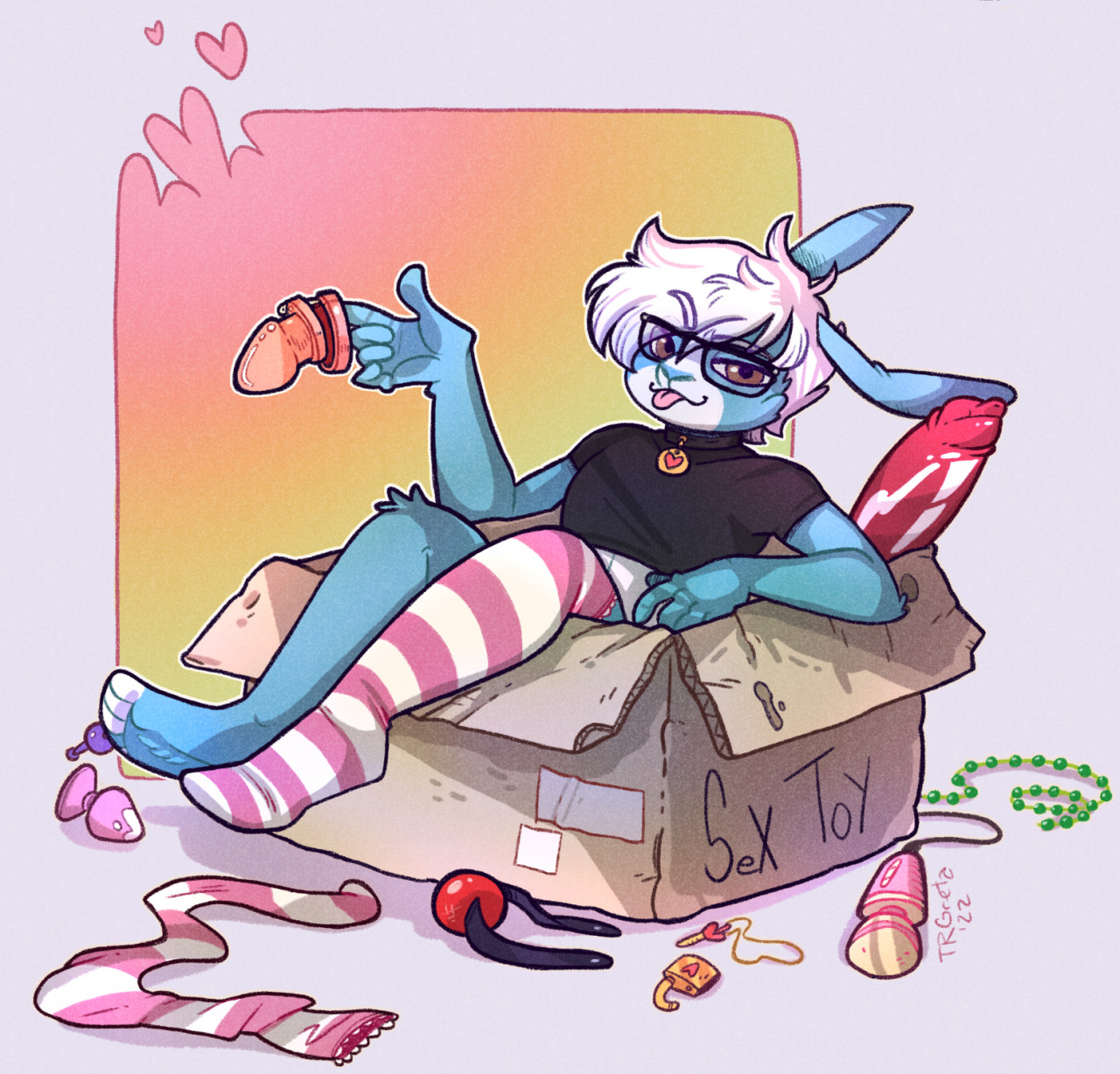 hi res, simple background, ambiguous gender, anal beads, animal dildo, animal genitalia, animal penis, animal sex toy, anthro, ball gag, blue body, blue fur, box, buttplug, canine dildo, canine penis, chastity cage, chastity device, clothing, container, crop top, dildo, eyewear, fur, gag, genitals, glasses, hair, hair over eye, heart, hitachi magic wand, jewelry, lagomorph, legwear, leporid, looking at viewer, mammal, necklace, one eye obstructed, one sock, pattern clothing, pattern legwear, penis, plug (sex toy), rabbit, sex toy, shirt, sitting, solo, stockings, striped clothing, striped legwear, stripes, tongue, tongue out, topwear, trgreta, vibrator, wand vibrator, 