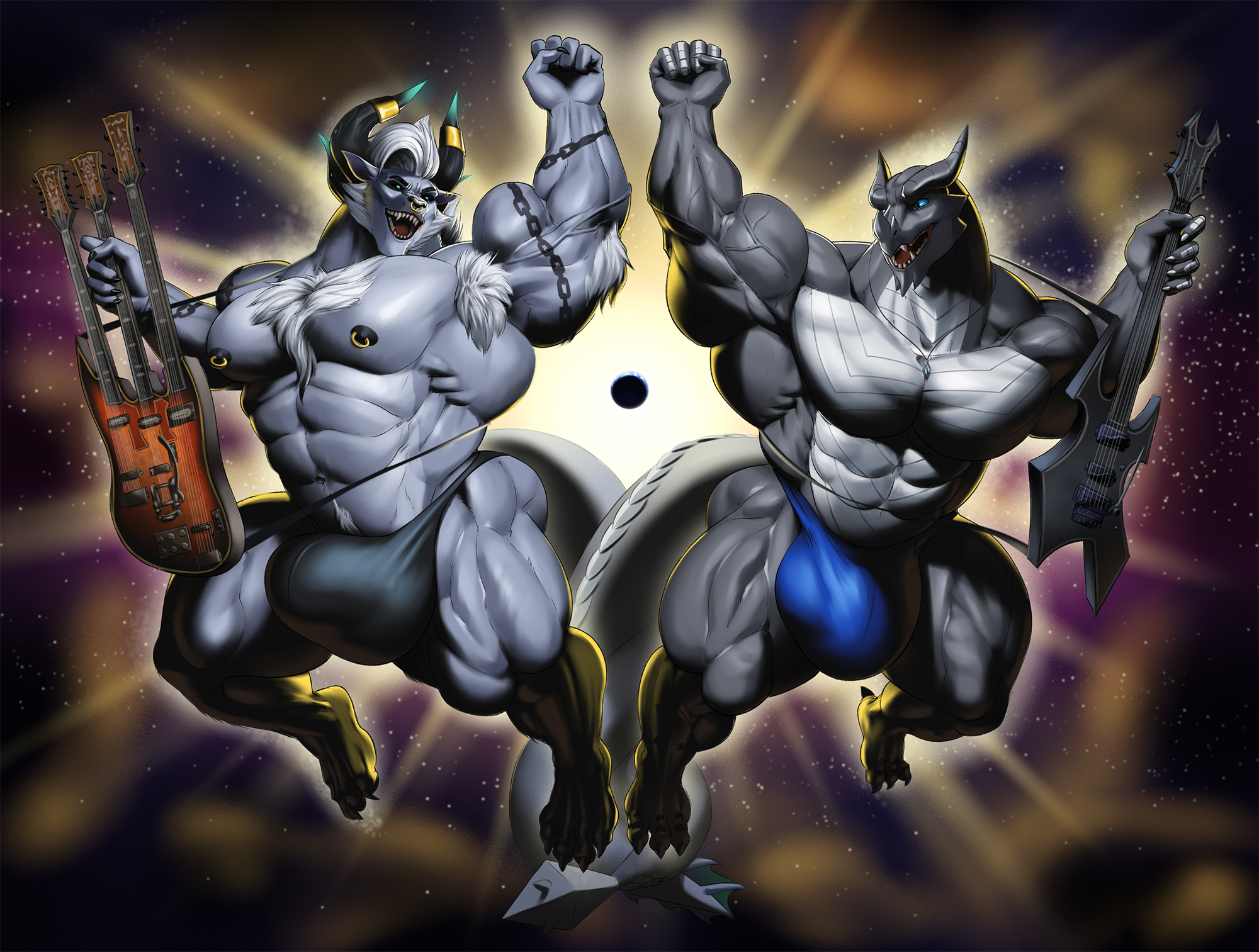 giga, guzreuef, aeon, kardukk, final fantasy, square enix, digital media (artwork), hi res, music, pose, shaded, simple background, abs, accessory, anthro, band, barazoku, behemoth (ff), biceps, big muscles, blue eyes, bottomwear, bulge, claws, clothing, digitigrade, divinity, dragon, duo, flaccid, flexing, galaxy, genitals, grey body, grin, guitar, guitarist, happy, huge muscles, hyper, hyper muscles, interspecies, kobold, loincloth, looking at another, macro, male, male/male, melee weapon, multicolored body, multiverse, muscular, muscular anthro, muscular male, musical instrument, ortha, paws, pecs, penis, plucked string instrument, reptile, rock, scalie, smile, space, spikes, string instrument, teeth, two tone body, two tone tail, underwear, video games, weapon, white body, 