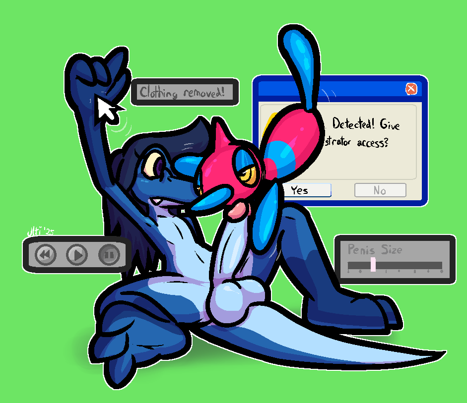 ultilix, pokemon (species), porygon-z, ulti (ultilix), nintendo, english text, text, 2025, 3 toes, 4 fingers, ambiguous gender, anthro, balls, big balls, big penis, blue balls, blue body, blue hair, blue penis, blue scales, cursor, dominant, dominant ambiguous, erection, expressionless, feet, femboy, fingers, floating, gay, gay anal, gay male, gay sex, generation 4 pokemon, genitals, glans, gloves (marking), hair, half-closed eyes, homosexual, homosexual male, humanoid genitalia, humanoid penis, leg markings, lizard, long hair, male, male/ambiguous, male/male, male penetrated, markings, motion lines, narrowed eyes, nude, penis, pink glans, pokemon, pupils, purple eyes, raised arm, reptile, scales, scalie, socks (marking), solo male, submissive, submissive anthro, submissive male, time stop, toes, window (computing), yellow eyes, yellow sclera, 