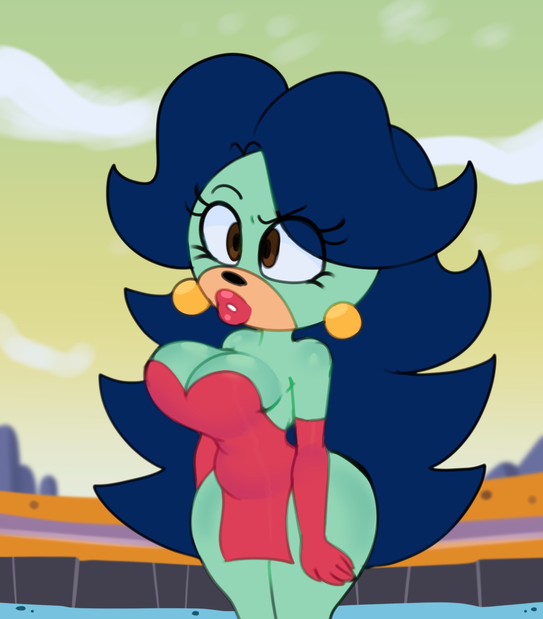 somescrub, breezie the hedgehog, archie comics, sonic (series), sonic the hedgehog (series), big breasts, earrings, lipstick, red lipstick, teal skin, 