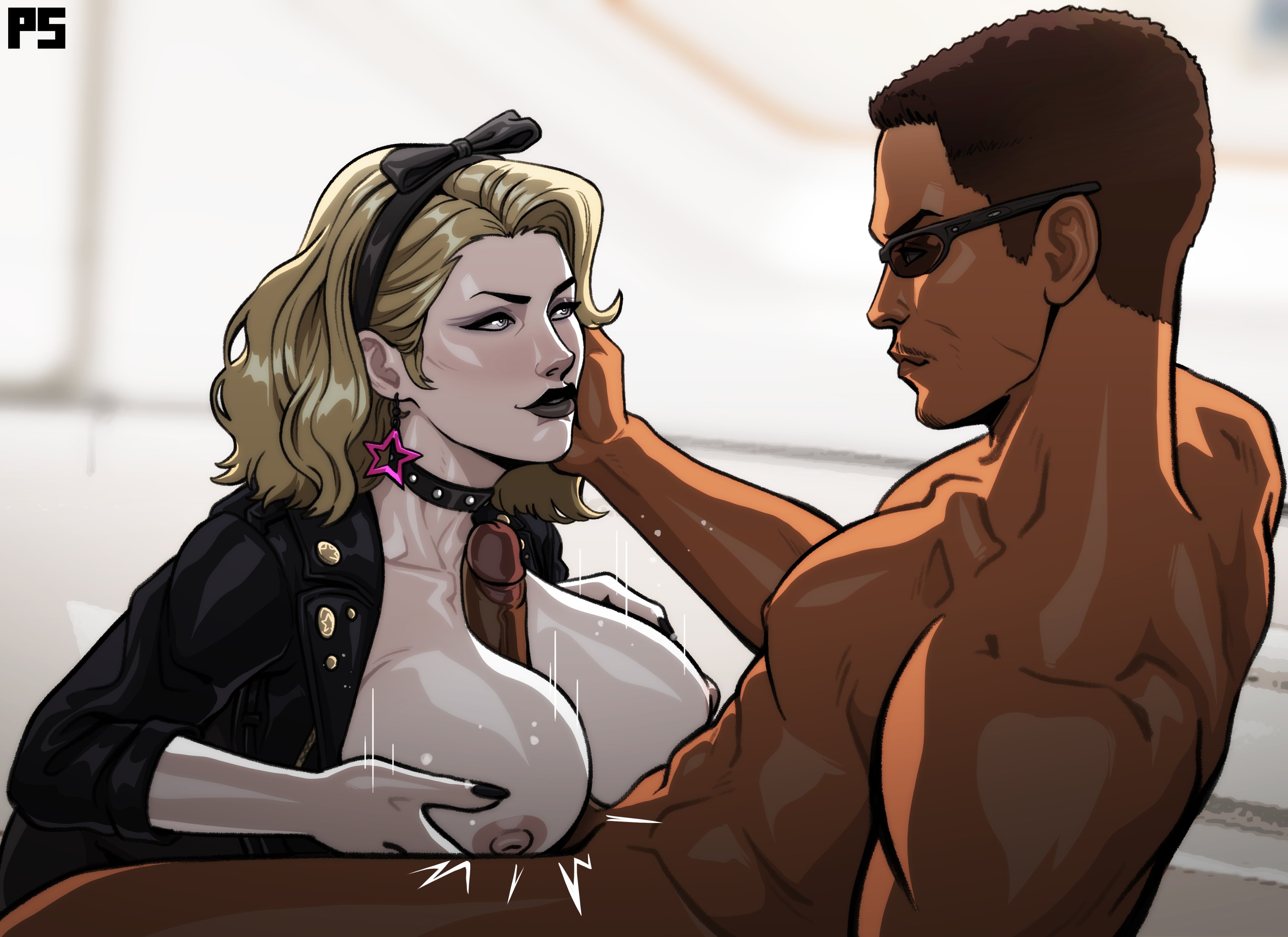 pumpkinsinclair, absurd res, commission, 1boy, 1girls, areolae, big breasts, black lipstick, black nail polish, blonde hair, breasts, brown hair, choker, clothed female nude male, dark-skinned male, dark skin, earrings, eye contact, female, hand on cheek, ines (the first descendant), interracial, keelan ayodele, light-skinned female, light skin, male, motion lines, nipples, nude, nude male, paizuri, penis, smile, sunglasses, the first descendant, titjob, 
