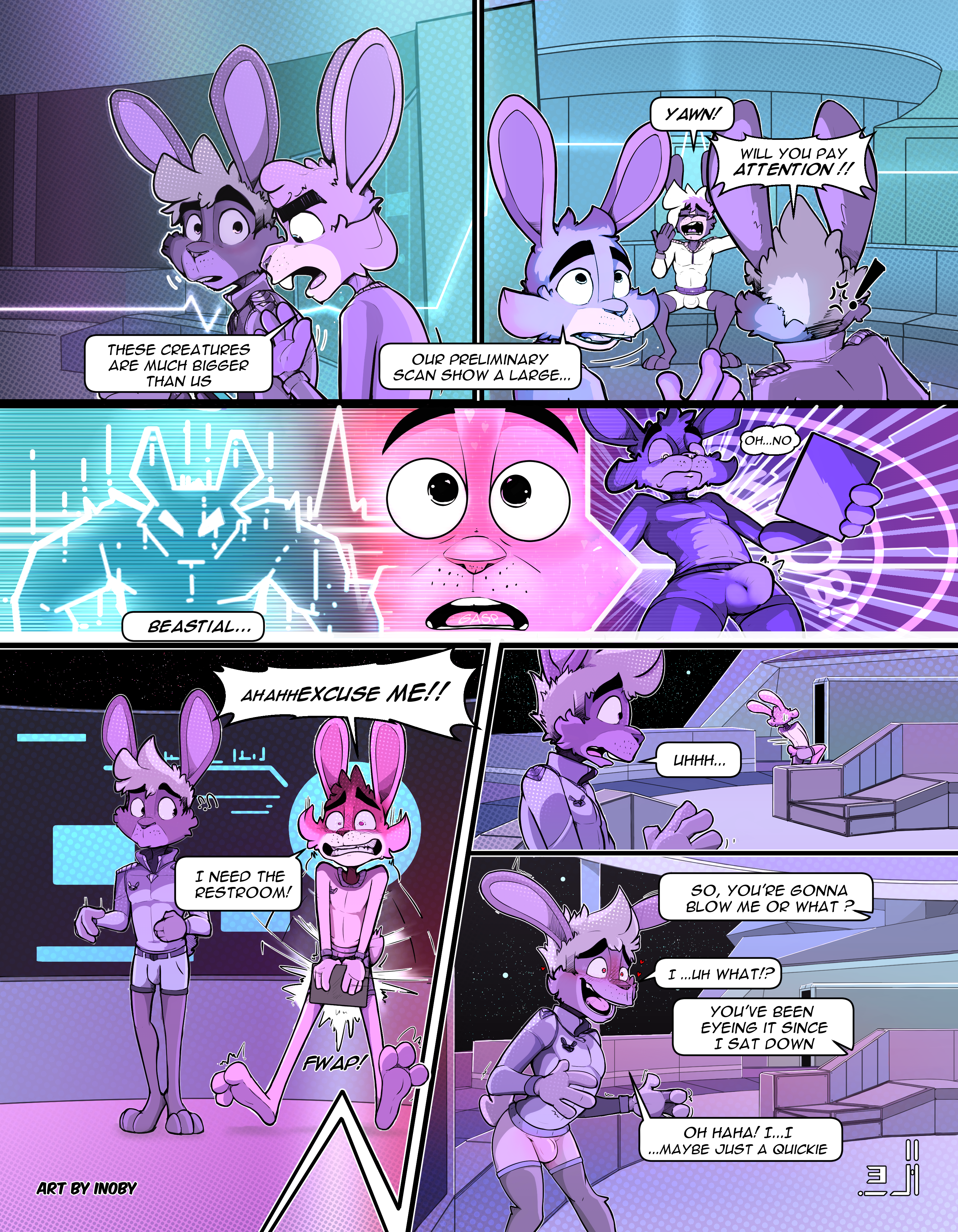 inoby, absurd res, comic, english text, hi res, speech bubble, text, 2023, 3 toes, 4 fingers, anthro, aroused, artist name, balls outline, barefoot, becoming erect, blush, bulge, captain hopp, cheek tuft, clipboard, clothed, clothing, cockpit, commander ryun, computer screen, covering, covering crotch, cross-popping vein, detailed bulge, dialogue, embarrassed, exclamation point, facial tuft, feet, fingers, genital outline, genitals, group, hair, head tuft, hiding erection, holding clipboard, holding object, inviting to sex, lagomorph, leporid, male, mammal, open mouth, oral request, penis, penis outline, pointy speech bubble, rabbit, running away, sitting, spacebunz, spacecraft, stephan (spacebunz), throbbing penis, tight underwear, toes, tuft, vehicle, worried look, yawn, 