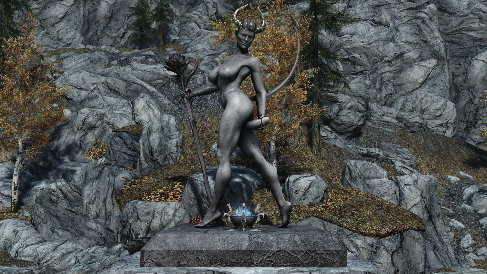skyrim, the elder scrolls, 3d, tagme, 1futa, abs, balls, big balls, big breasts, big penis, breasts, female, futa only, futanari, huge breasts, huge penis, intersex, muscular, muscular female, outdoors, penis, solo, solo futa, standing, statue, trixter, 