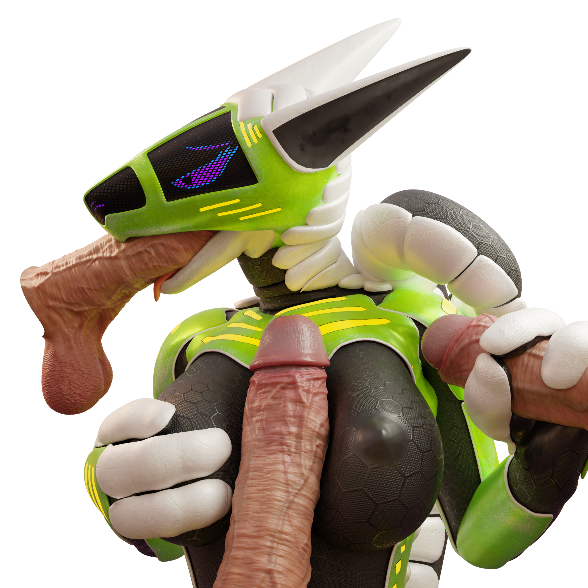 blender (software), blender cycles, hi res, avatheavali, bedroom eyes, black body, breast play, breasts, cynthia (furromantic), disembodied penis, fellatio, female, genitals, green body, group, group sex, hand on own breast, handjob, humanoid, humanoid genitalia, humanoid penis, looking pleasured, male, male/female, narrowed eyes, oral, penile, penis, purple eyes, screen, screen face, seductive, sex, solo focus, synth (vader-san), tail, titjob, white body, 