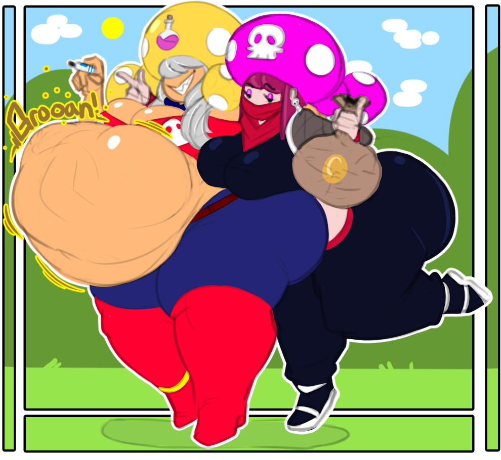 original character, mario (series), nintendo, original characters, 2girls, ambiguous prey, belly, belly bulge, big belly, big belly bulge, breasts, detailed bulge, digestion, female pred, multiple predators, multiple prey, ninja, oral vore, soft vore, vore, vore belly, 