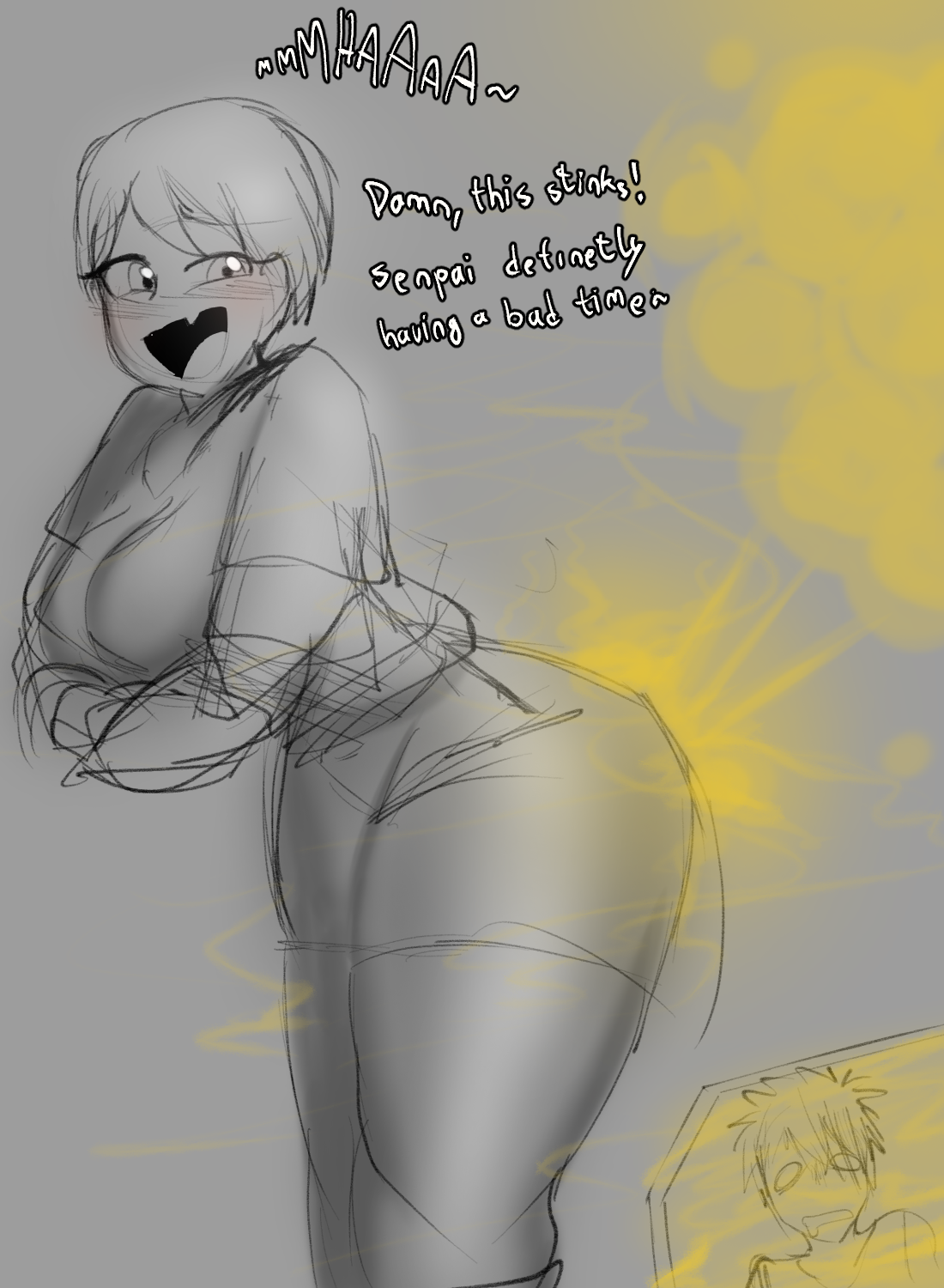 sakurai shinichi, uzaki hana, uzaki-chan wa asobitai!, english text, sketch, text, uncolored, 1boy, 1girls, big ass, big butt, blush, fart, fart cloud, fart fetish, farting, giantess, meonsausage, oerba yun fang, open mouth, short hair, smaller male, smile, thick thighs, 