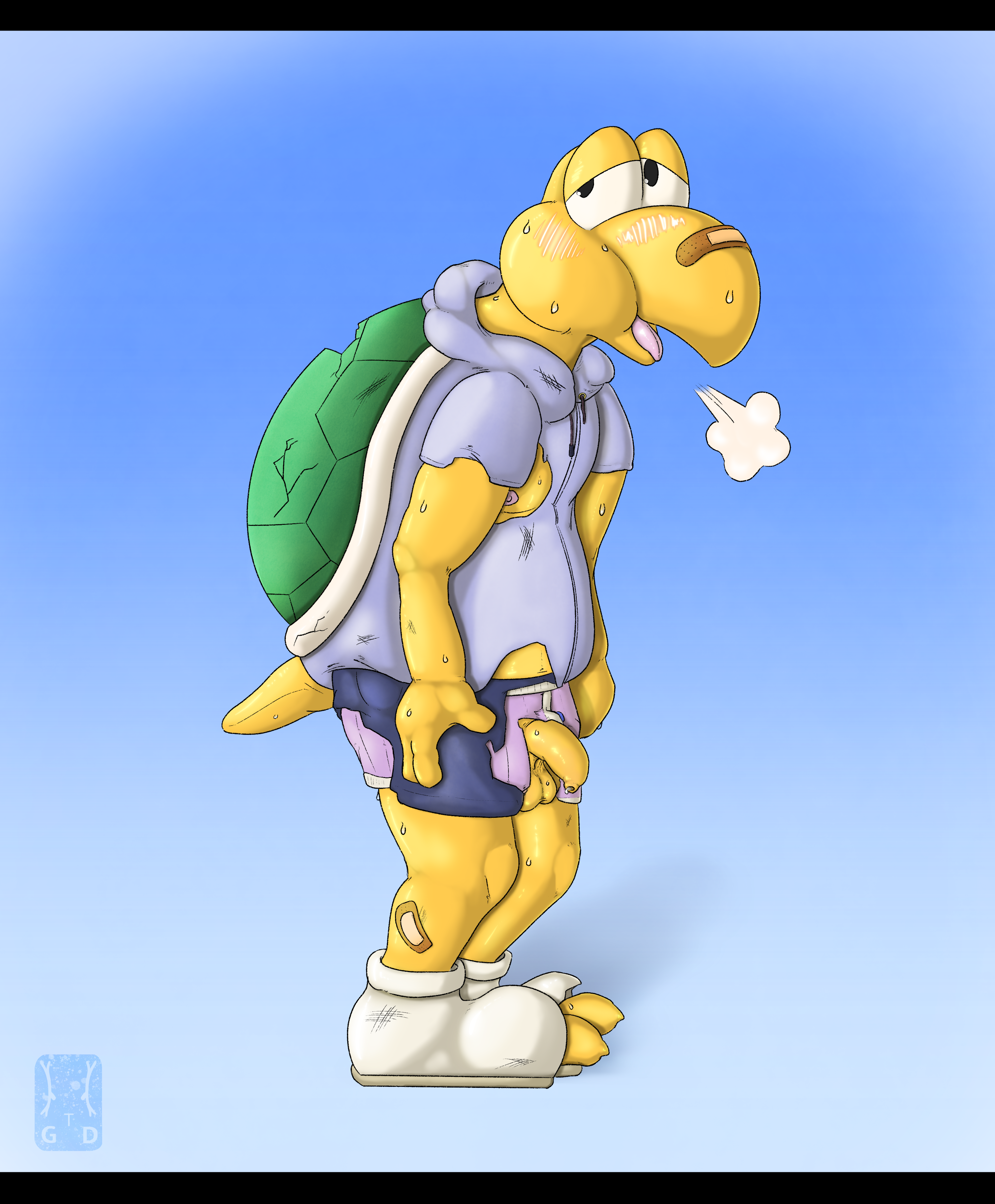 koopa, koopa troopa, koops, mario (series), nintendo, paper mario, absurd res, colored, digital media (artwork), hi res, shaded, simple background, 2024, balls, band-aid, bandage, blush, bodily fluids, boots, bottomwear, breath, bruised, clothing, feet, footwear, foreskin, full-length portrait, garo (artist), genitals, green koopa troopa, half-closed eyes, humanoid genitalia, looking back, male, narrowed eyes, nipples, panting, pants, penis, portrait, scalie, shell, solo, standing, sweat, sweater, tail, toes, tongue, tongue out, topwear, uncircumcised, underwear, wardrobe malfunction, yellow body, 