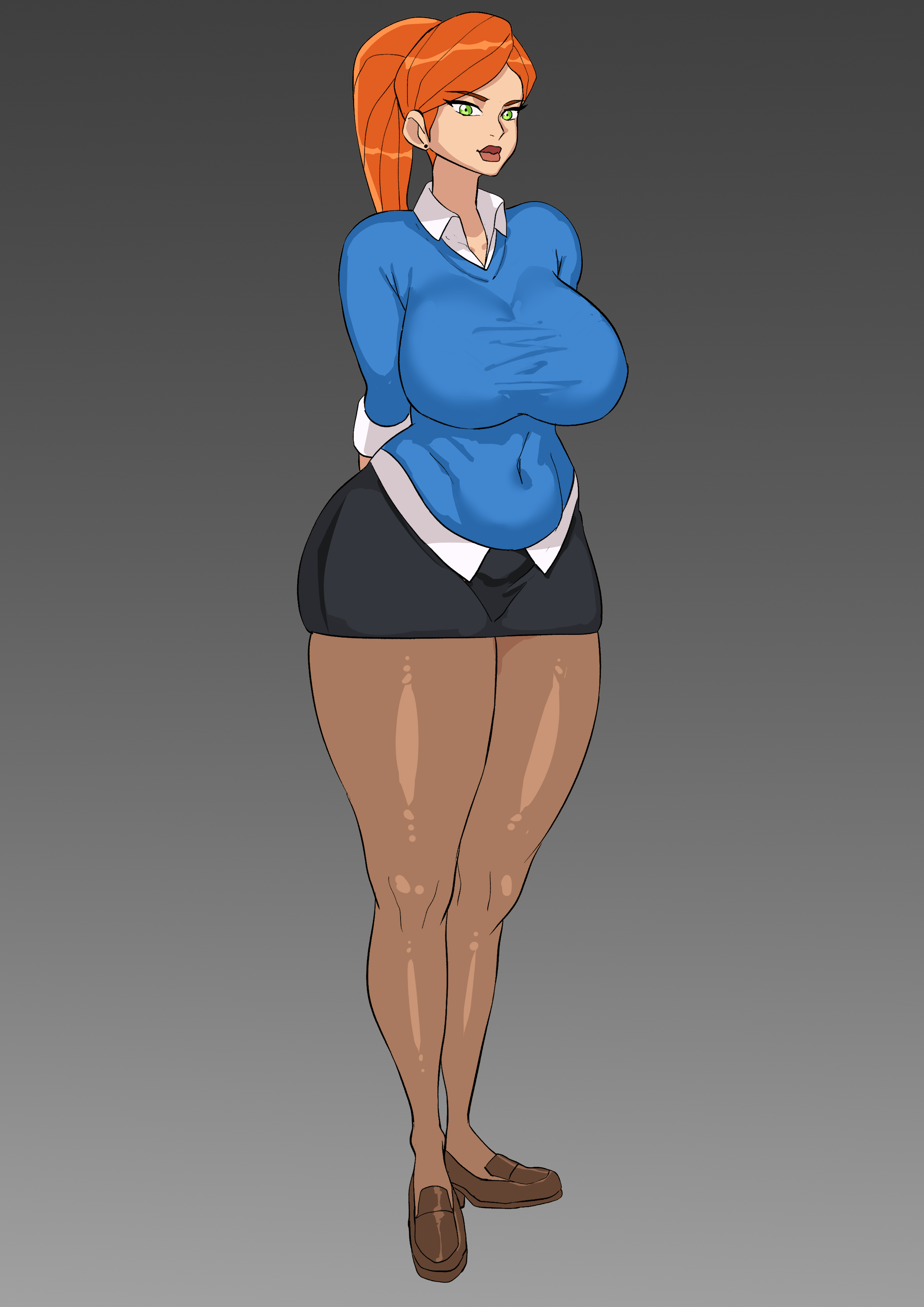 gwen tennyson, ben 10, ben 10 alien force, ben 10 ultimate alien, aged up, big breasts, collared shirt, cyberboi, hands behind head, midriff, musclegut, older, plump, skirt, stretched clothing, sweater, thick thighs, tights, 