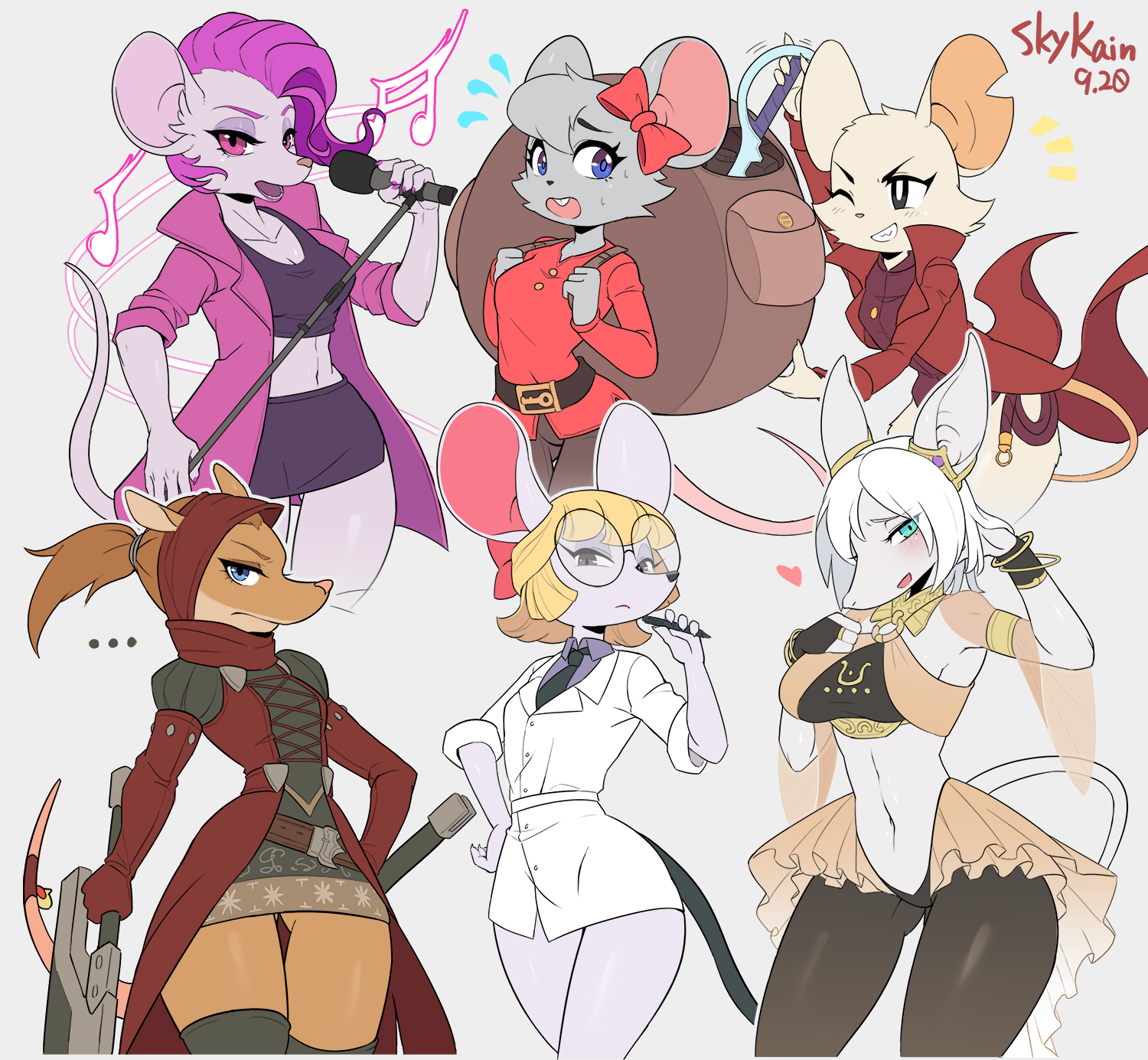 skykain, burmecian, freya crescent, animal crossing, armello, final fantasy, final fantasy ix, nintendo, rivals of aether, square enix, yacht club games, crossover, digital media (artwork), hi res, simple background, 2022, 4 fingers, 5 fingers, accessory, anthro, artist name, backpack, backpack hero (game), big glasses, blonde hair, blue eyes, bodily fluids, bottomwear, bow ribbon, bracelet, brown hair, buckteeth, butt from the front, claws, clothed, clothing, ellipsis, eyebrows, female, fingers, glasses, group, hair, mammal, microphone, mina (mina the hollower), mina the hollower, mouse, murid, murine, musical note, open mouth, petri (animal crossing), pomme (rivals of aether), ponytail, purple hair, purse (backpack hero), rat, red clothing, ribbons, rodent, short hair, smile, tail, white body, zosha (armello), 