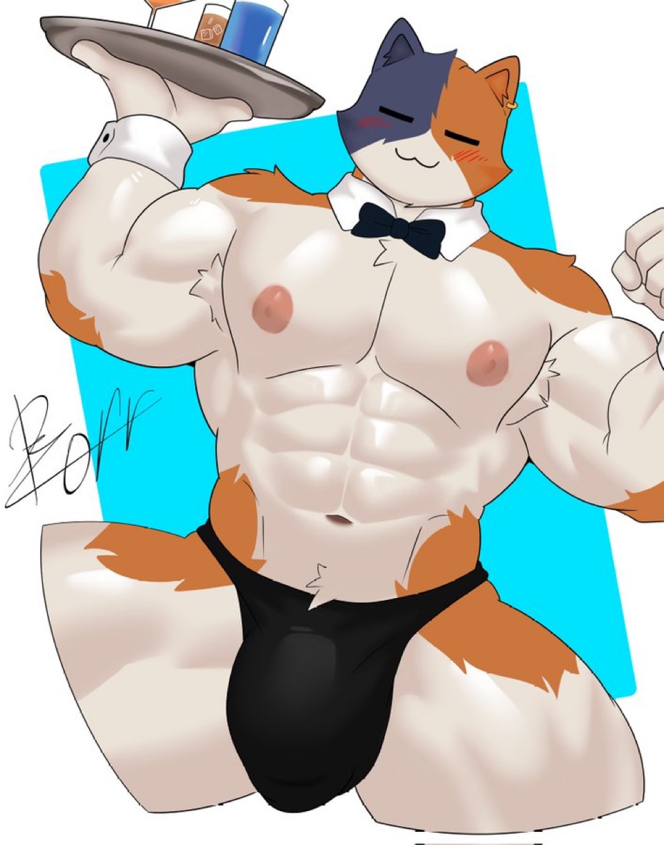 meowscles (fortnite), fortnite, simple background, abs, alcohol, armpit hair, armpits, axoarts, biceps, big biceps, big pecs, bulge, calico cat, closed eyes, collar, drinks, ear piercing, flexing, flexing bicep, fortnite: battle royale, furry, g-string, gay, male only, meowscles, muscular, muscular male, muscular thighs, nipples, pecs, penis bulge, piercing, six pack, tattoo, thong, waiter, waiter tray, 