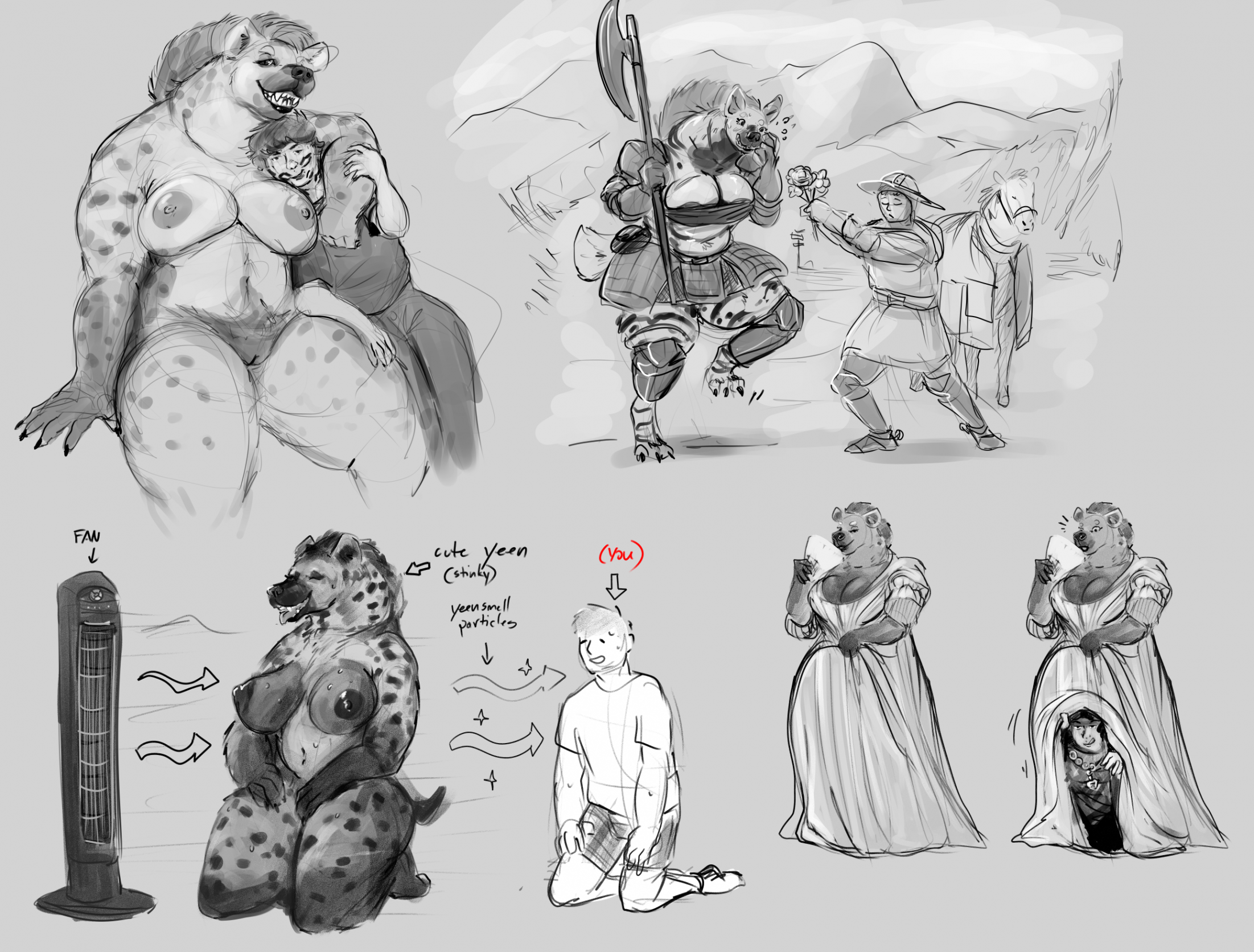 doctordj, digital media (artwork), hi res, 2023, anthro, big breasts, biped, bodily fluids, breasts, claws, clothing, dress, duo, equid, equine, female, feral, flower, fur, genitals, girlsmell particles, holding axe, holding flower, holding object, horse, human, human on anthro, hyena, interspecies, kettle helmet, kneeling, larger anthro, larger female, male, male/female, mammal, muscular, muscular anthro, muscular male, nipples, offering flower, plant, pussy, size difference, smaller human, smaller male, spots, spotted body, spotted fur, spotted hyena, sweat, toe claws, under dress, 
