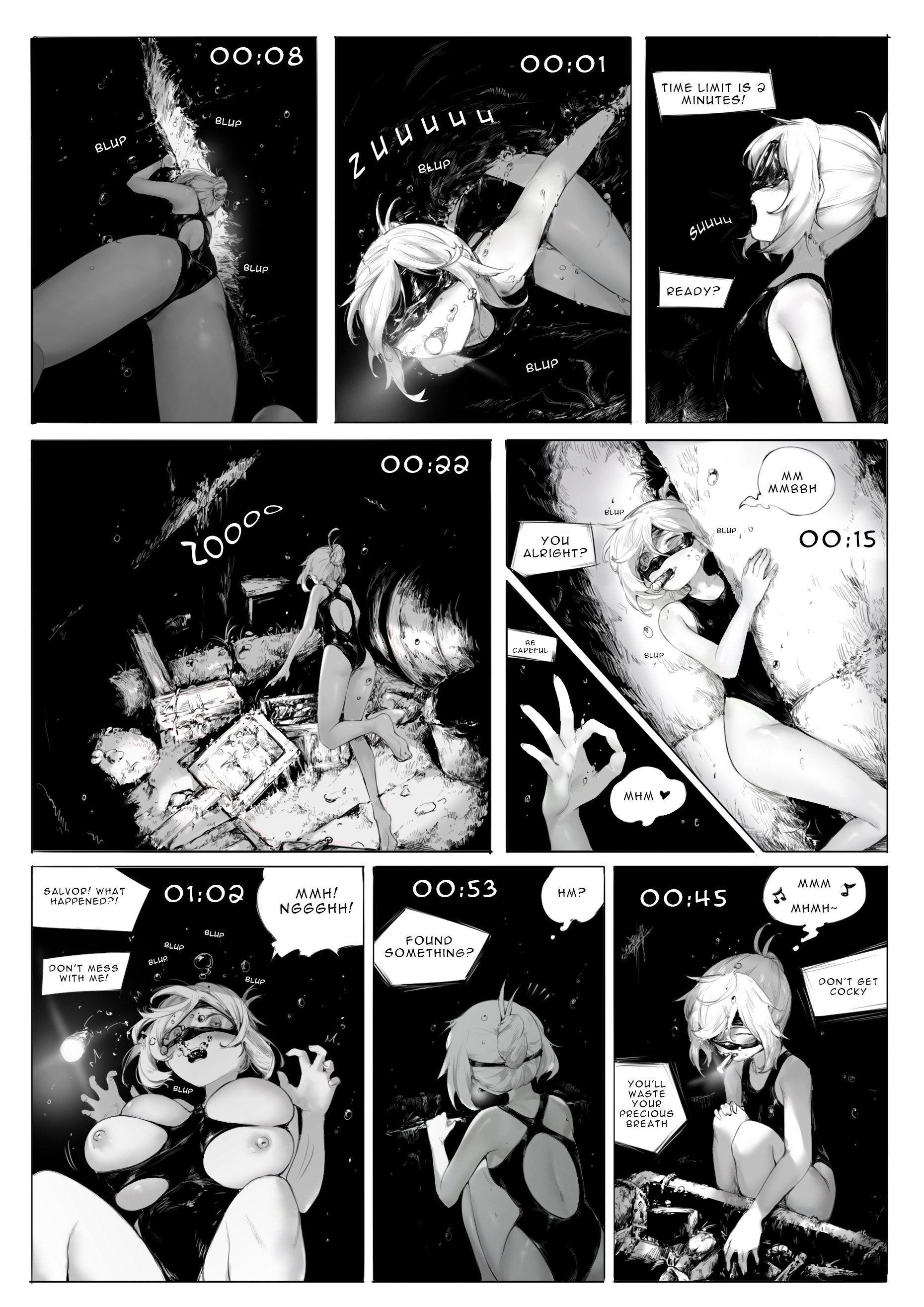 rou271, rou (rou22), comic, english text, monochrome, 1girls, asphyxiation, breast expansion, breasts, gore, guro, huge breasts, imminent death, nipples, one-piece swimsuit, scuba mask, struggling, surprised, swimsuit, torn clothes, underwater, water, 