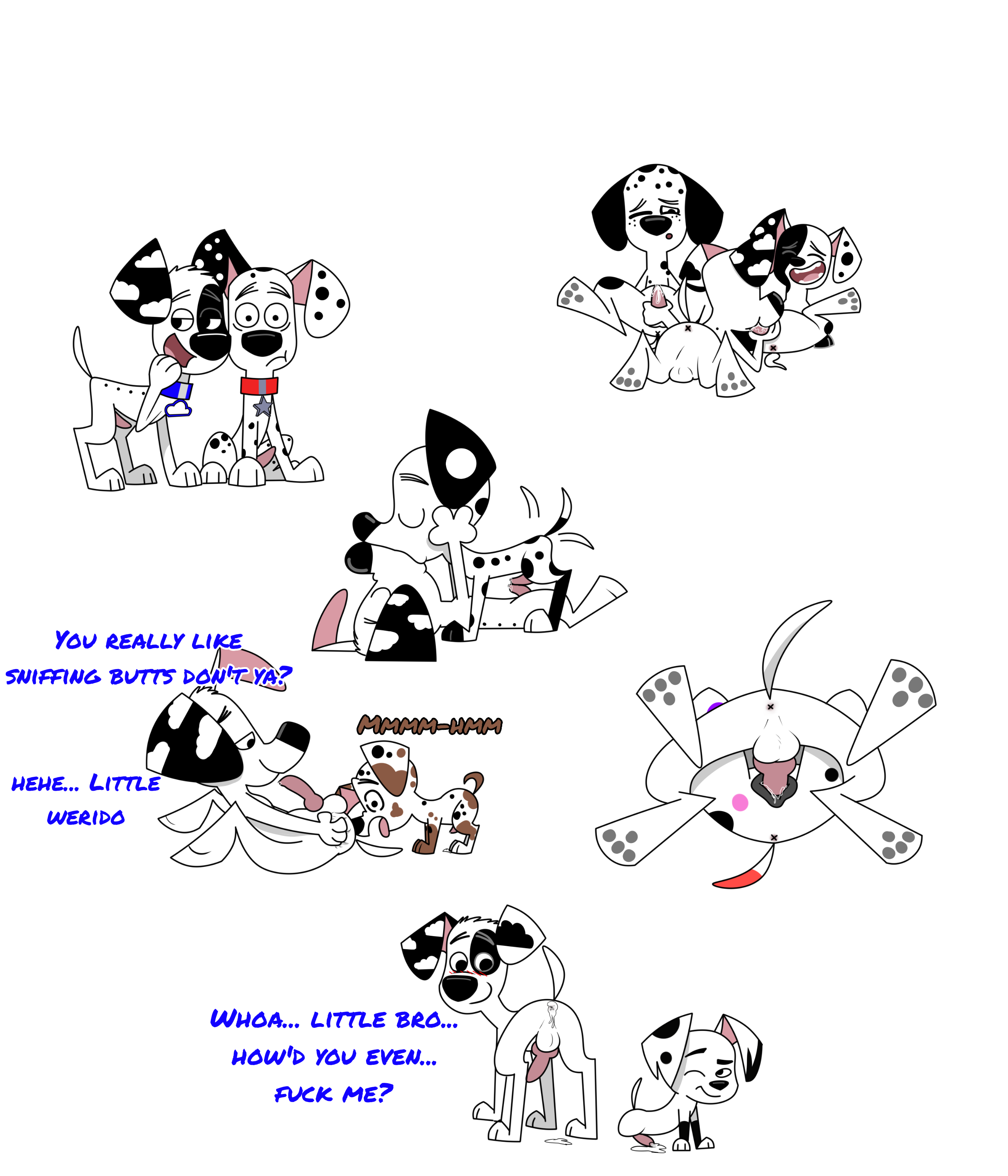 dylan (101 dalmatians), 101 dalmatian street, 101 dalmatians, disney, absurd res, english text, hi res, text, 2 missing limbs, amputee, anal, anal sex, black body, black ears, black fur, black nose, black spots, blue collar, bodily fluids, canid, canine, canis, collar, cum, cum inside, d.j. (101 dalmatians), da vinci (101 dalmatians), dalmatian, dawkins (101 dalmatians), deepak (101 dalmatians), delgado (101 dalmatians), diesel (101 dalmatians), dio (biowolf12), dirty, disability, domestic dog, double amputee, female, feral, foxretro, freckled face, freckles, fur, genital fluids, genitals, kissing, leg markings, licking, male, male/female, male/male, mammal, markings, oral, penetration, penile, penis, penis lick, profanity, red collar, sex, sniffing, socks (marking), spots, tongue, white body, white fur, white spots, 