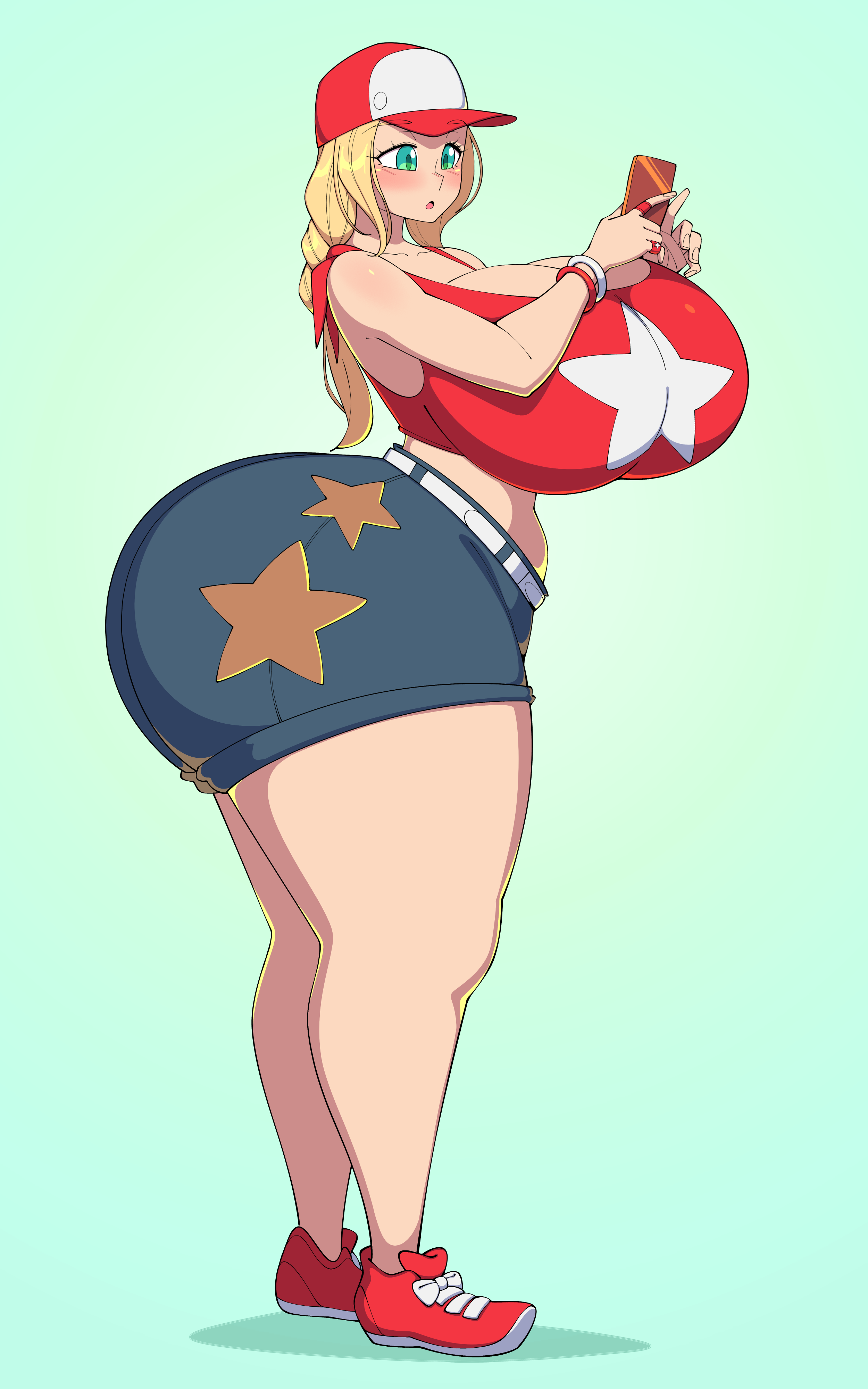 deztyle, alice garnet nakata, fatal fury, king of fighters, snk, tagme, blonde female, blue shorts, breasts, female, green eyes, huge ass, huge breasts, red hat, red tank top, thick thighs, wide hips, 