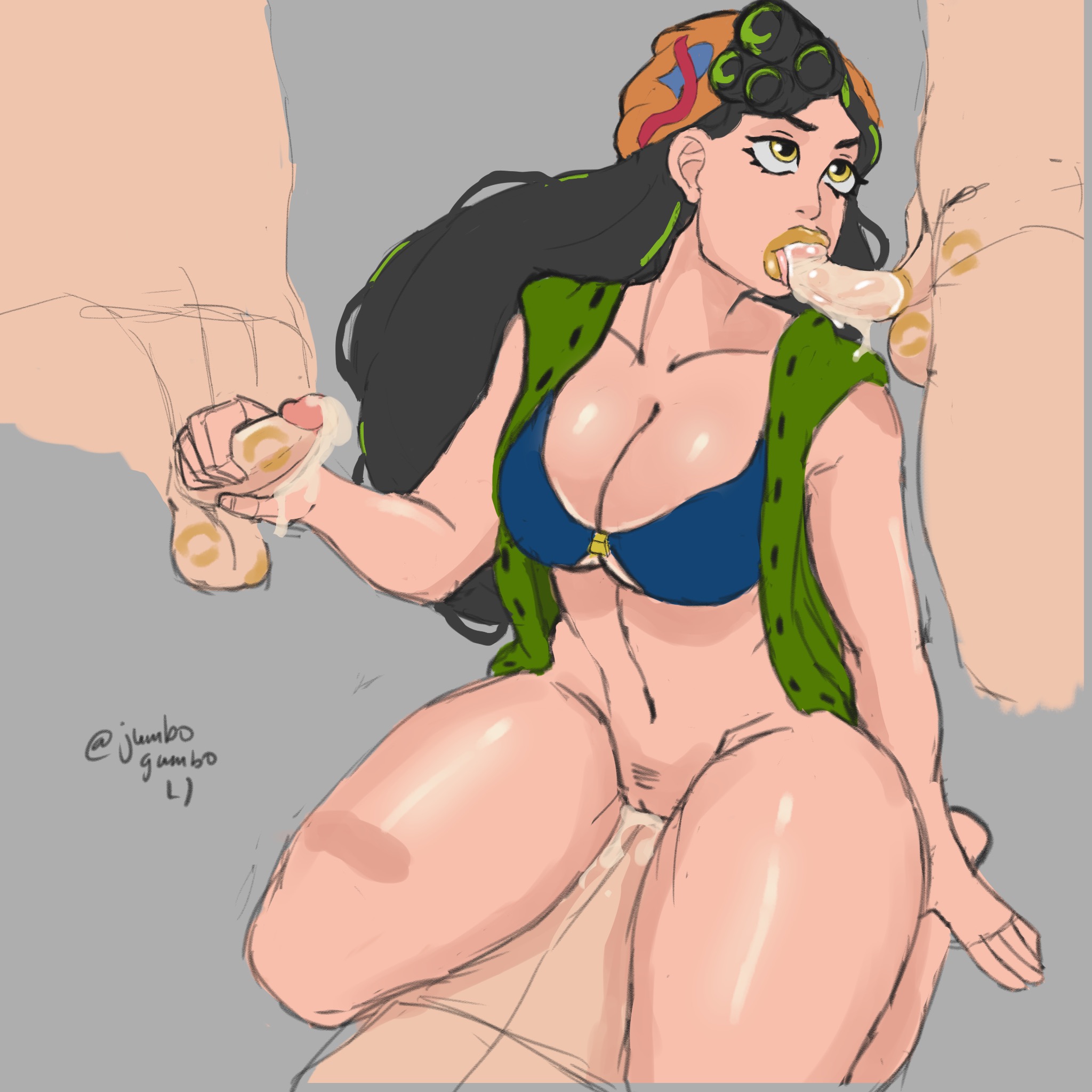 jumbogumbo, karera sakunami, jojolion, tagme, 1girls, 3boys, fellatio, handjob, lipstick mark, lipstick on balls, lipstick on penis, sex, yellow lipstick, 