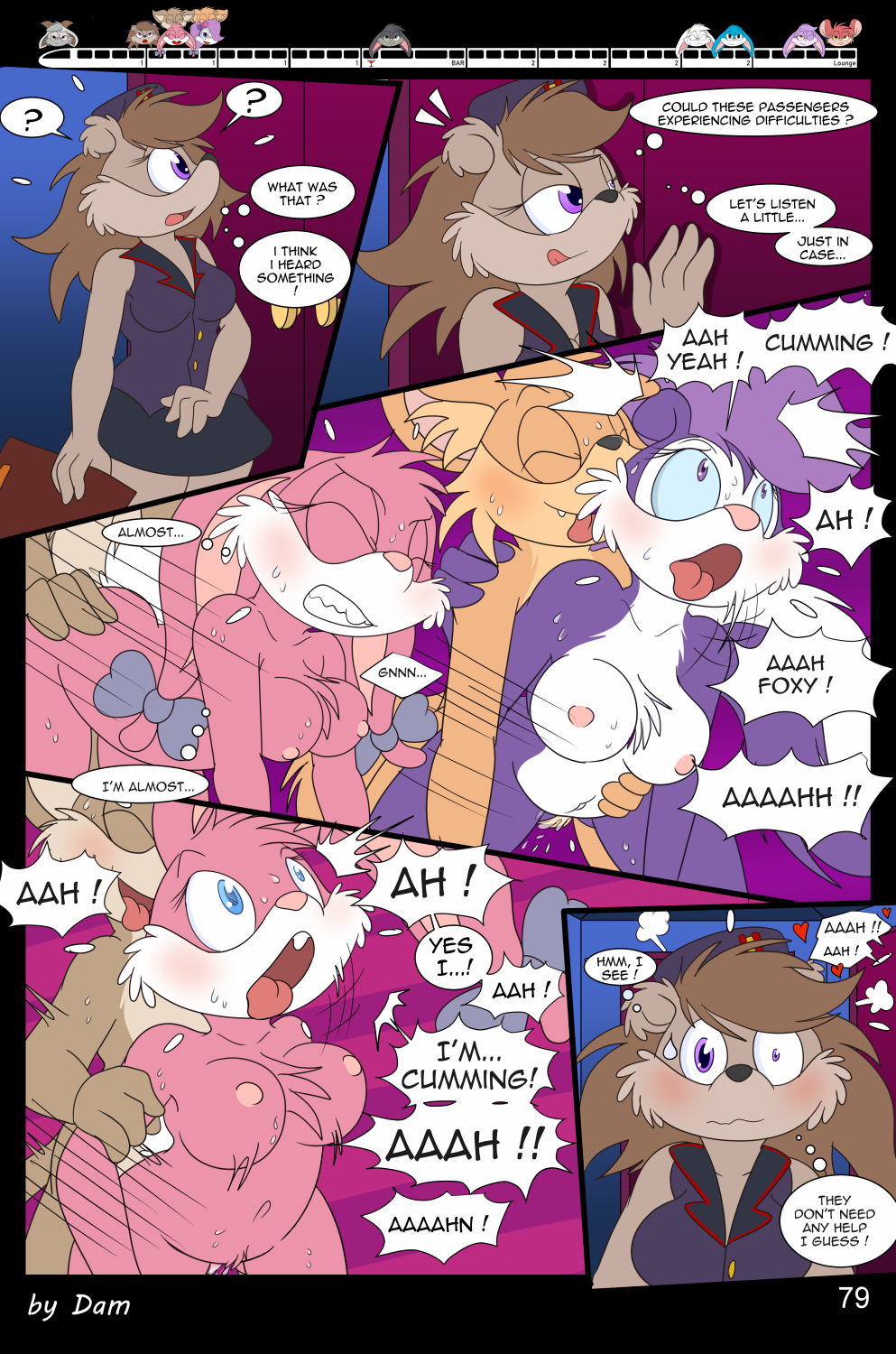dam (artist), babs bunny, fifi la fume, tiny toon adventures, warner brothers, comic, english text, hi res, speech bubble, text, 3 toes, 4 fingers, anthro, breasts, clothed, clothing, dialogue, feet, female, fingers, group, lagomorph, leporid, male, mammal, mephitid, plantigrade, rabbit, skunk, toes, toons, toony, train, vehicle, 