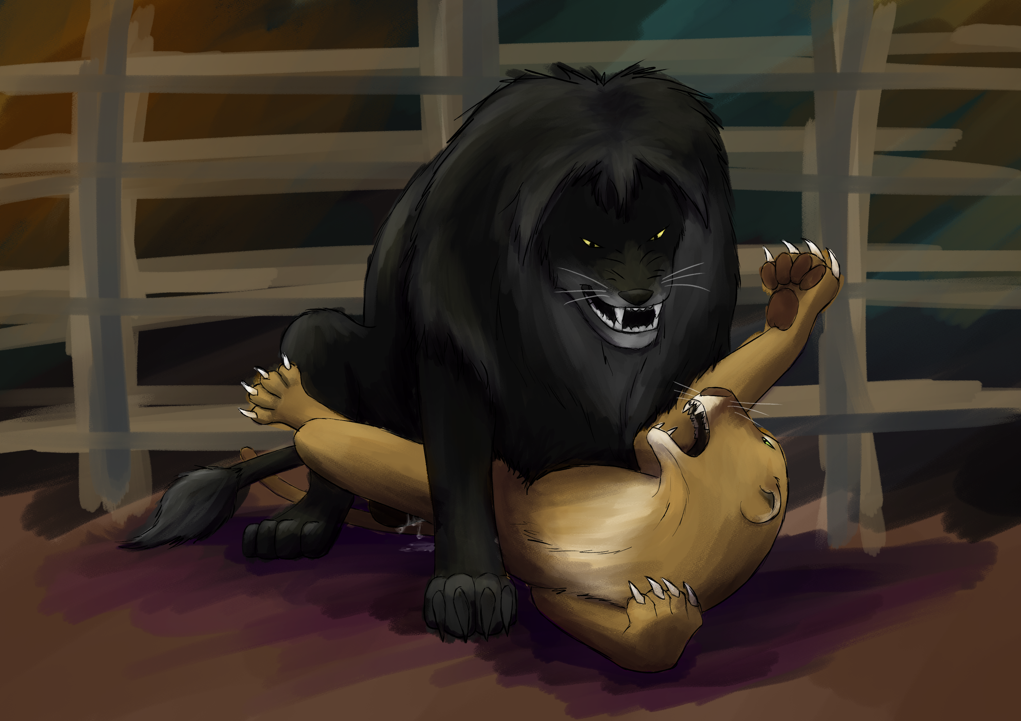 baylong, absurd res, hi res, ambiguous gender, ambiguous penetration, balls, bodily fluids, cougar, cum, felid, feline, feral, feral on feral, from front position, genital fluids, genitals, lion, lying, male, mammal, missionary position, on back, pantherine, penetration, sex, snarling, 