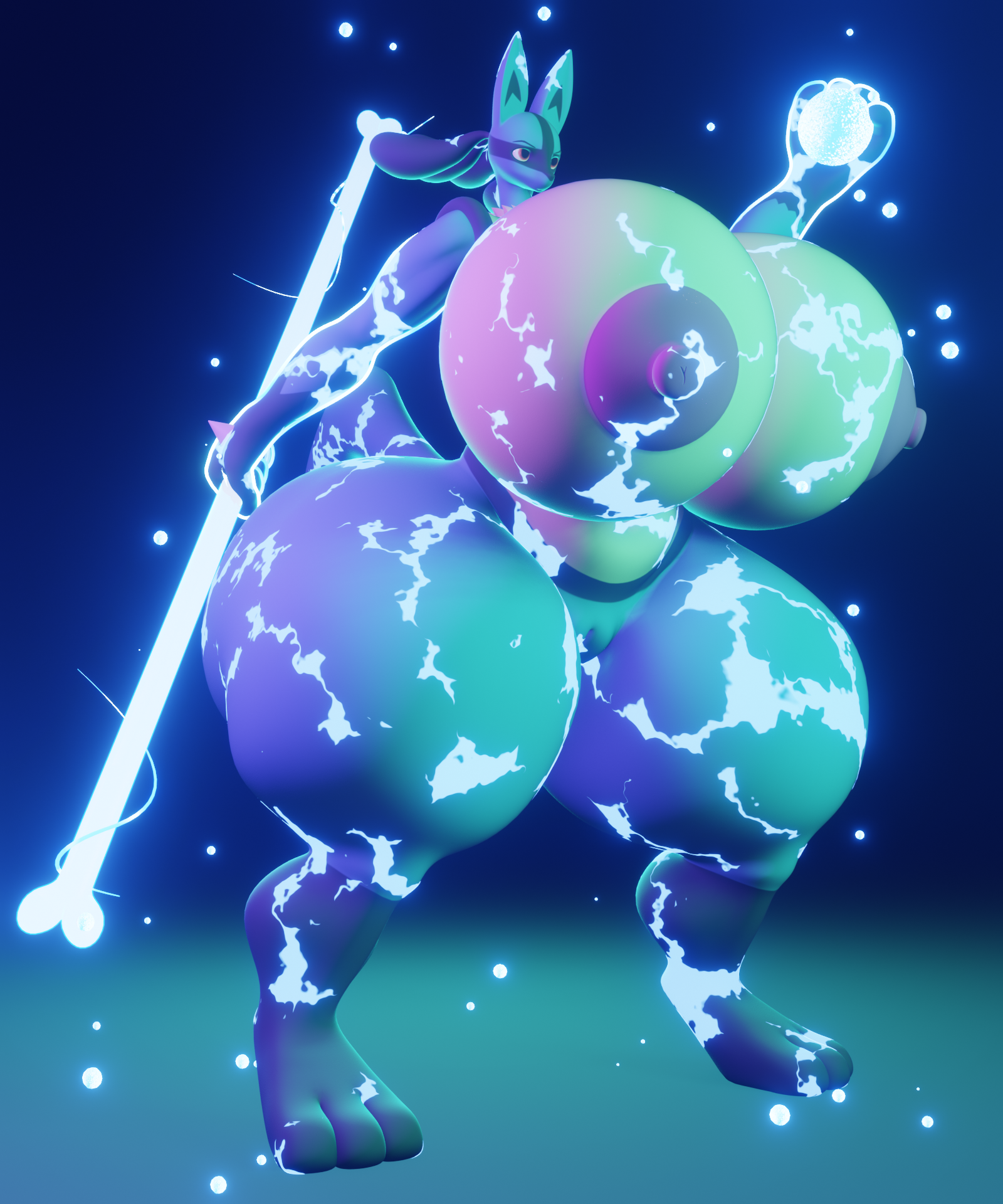 lucario, pokemon (species), nintendo, blender (software), hi res, angry eyes, anthro, areola, ass, aura, aura sphere, big breasts, big butt, blue body, bone rush, breasts, darkdraketom, female, generation 4 pokemon, genitals, holding object, holding weapon, particles, plump labia, pokemon, pussy, red eyes, solo, thick thighs, weapon, 