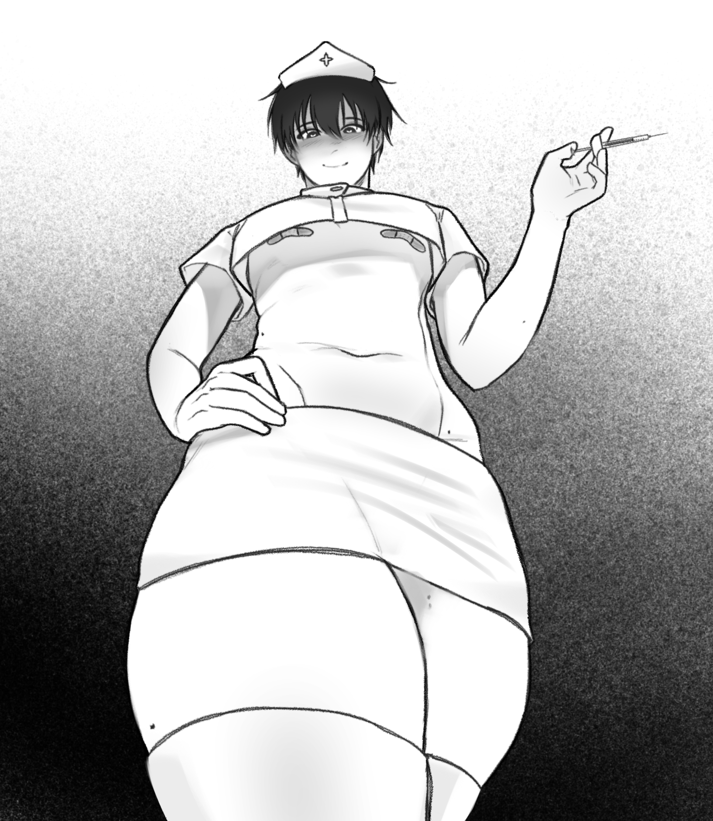 brat, black hair, blue lock, cute expression, cute male, femboy, heart-shaped pupils, heart eyes, huge thighs, isagi yoichi, nurse, nurse uniform, small waist, wide hips, 