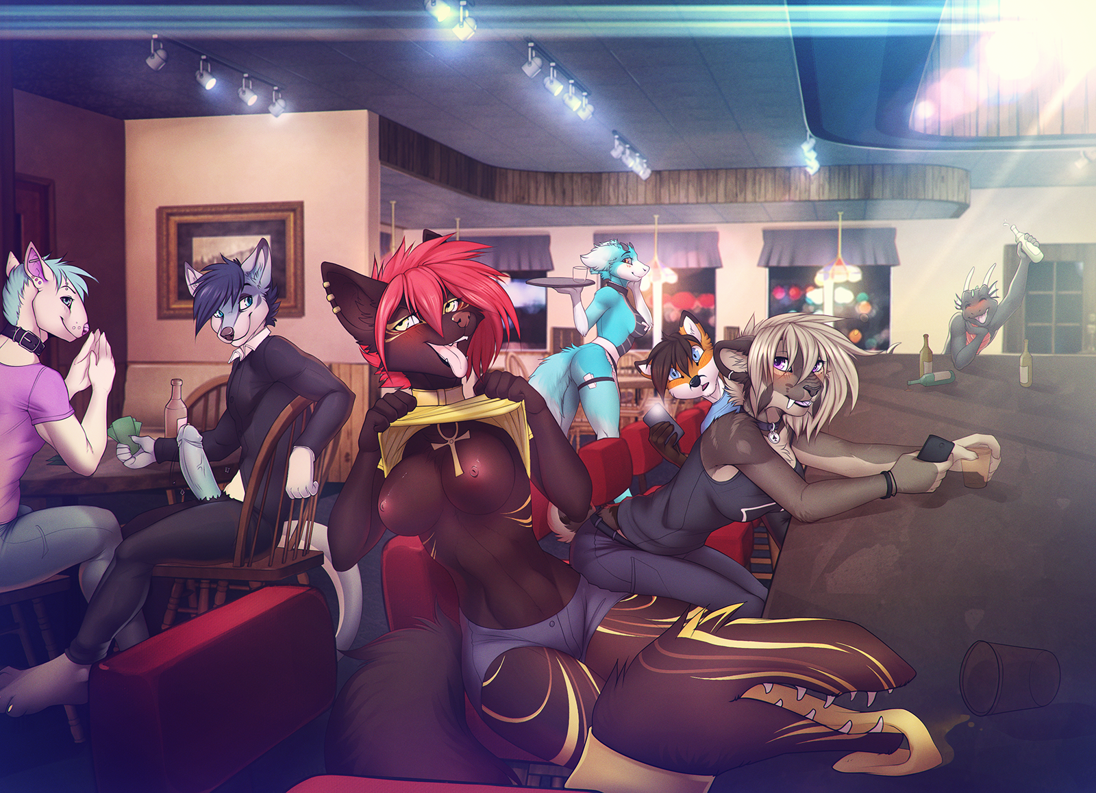 f-r95, iskra, falla, collaboration, hi res, bar, breasts, canine, dragon, feline, female, flashing, fox, group, horn, looking at viewer, mammal, penis, saber-toothed cat, smile, tail monster, tail mouth, unknown species, 