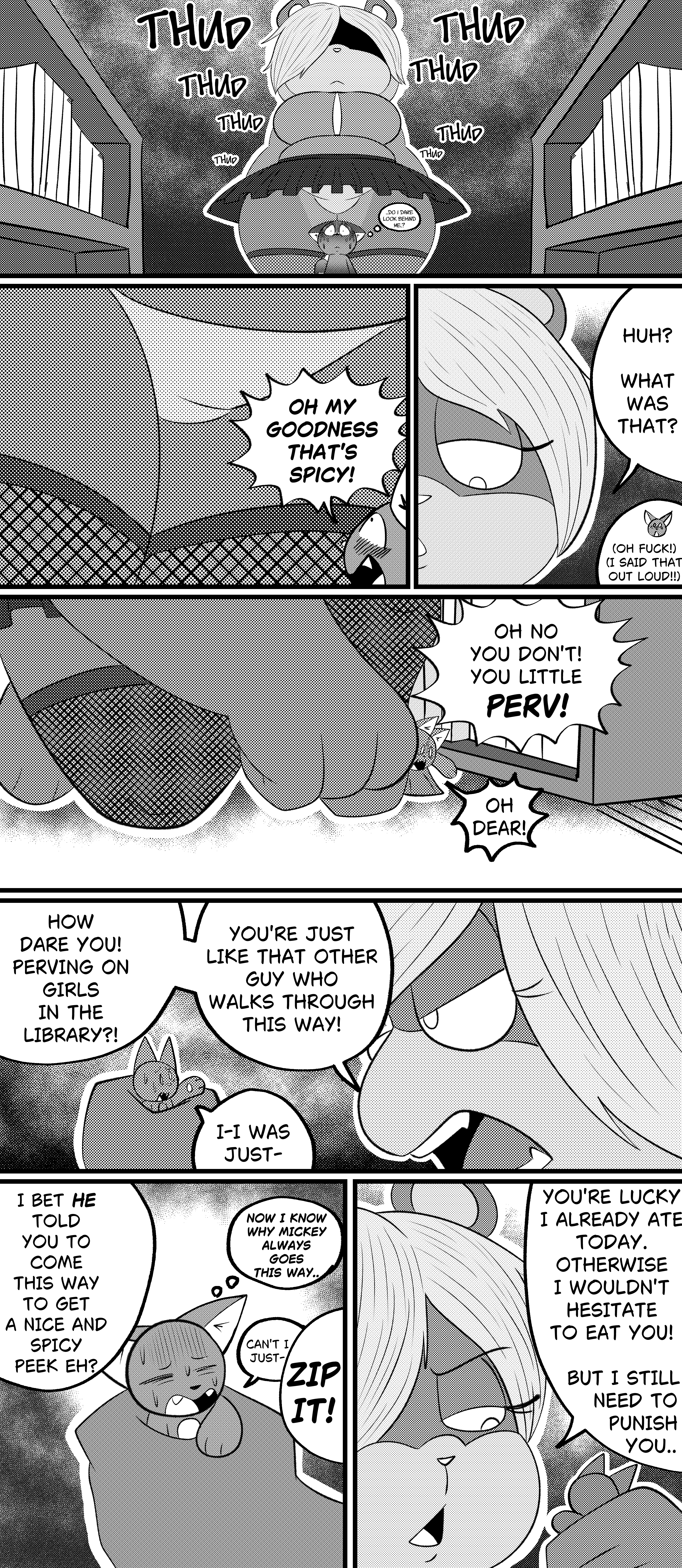 absurd res, comic, greyscale, hi res, monochrome, speech bubble, angry, anthro, bottomwear, clothed, clothing, dialogue, domestic cat, duo, extreme size difference, felid, feline, felis, female, fishnet clothing, fishnet legwear, grabbing micro, hair, hair over eye, legwear, macro, male, male/female, mammal, mephitid, micro, micro on macro, nervous, noa (stillelk62), penelope (stillelk62), size difference, skirt, skunk, stillelk62, upskirt, 