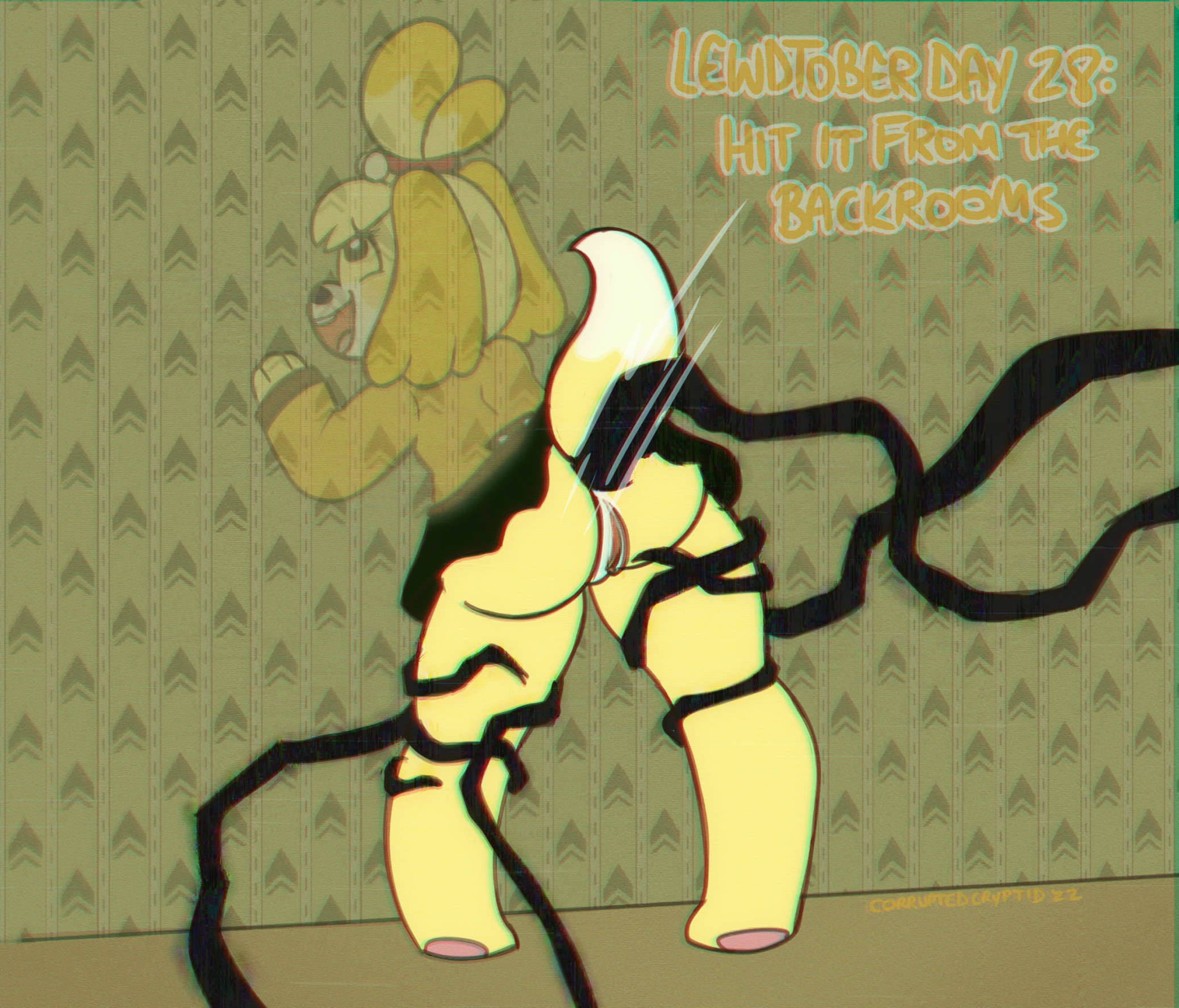 isabelle (animal crossing), animal crossing, nintendo, colored, crossover, dated, digital drawing (artwork), digital media (artwork), english text, hi res, text, 1girls, 2022, accessory, anal, anal sex, anthro, anus, artist name, ass, barefoot, biped, black eyelashes, black eyes, black nose, black tentacles, blonde hair, bottomwear, brown clothing, brown sweater, brown topwear, button (fastener), canid, canine, canis, clothed, clothed anthro, clothed female, clothed sex, clothing, corruptedcryptid, dipstick tail, dog tail, domestic dog, eye roll, eyelashes, feet, female, female anthro, fingers, floppy ears, fluffy ears, full-length portrait, fur, furry, genitals, green wall, hair, hair accessory, hair tie, humor, leaning, leaning forward, lewdtober, looking pleasured, mammal, markings, monster, motion lines, no underwear, open mouth, open smile, page 28, pawpads, penetration, pigeon toed, pink pawpads, portrait, pun, pussy, raised tail, rear view, sex, shih tzu, signature, skirt, smile, solo, species request, standing, stuck, stuck in wall, sweater, tail, tail markings, teeth, tendrils, tentacle, tentacle in ass, tentacle penetration, tentacles around legs, the backrooms, through wall, tongue, topwear, toy dog, translucent wall, upskirt, upskirt sex, wall (structure), wallpaper (decoration), yellow body, yellow ears, yellow fur, yellow tail, yellow text, 