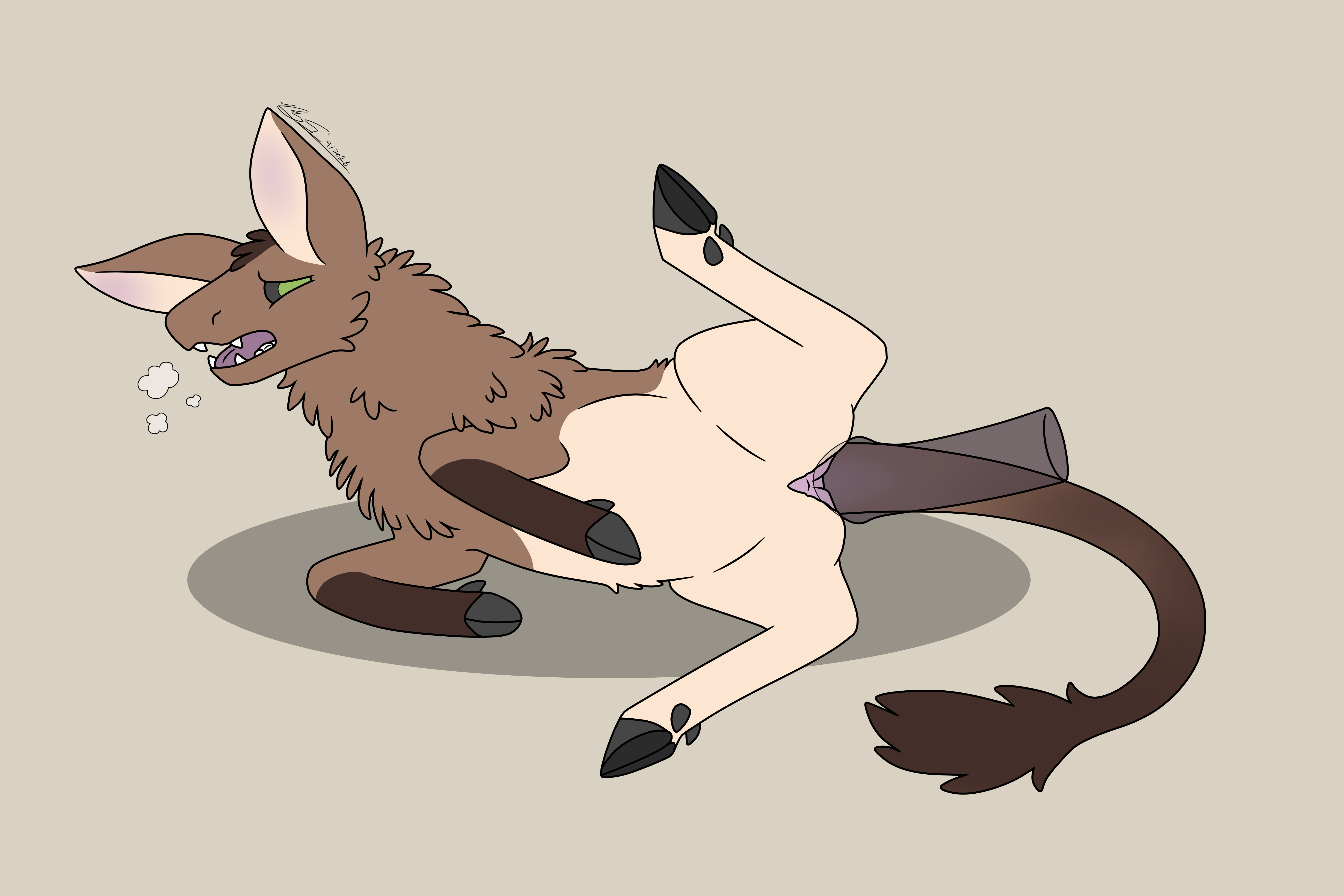 3:2, absurd res, hi res, andromorph, big clitoris, black sclera, blush, breath, brown body, brown fur, cervine, clitoris, cloven hooves, crested stag, deer, demon, dewclaw, dewclaw hooves, dipstick tail, disembodied penis, ear blush, feral, fionn (crested stag), fur, genitals, gloves (marking), green eyes, hooves, intersex, lying, mammal, markings, no pupils, on side, open mouth, panting, penetration, penis, prodding, raised leg, shallow penetration, solo, tail, tail markings, tan body, tan fur, trans (lore), trans man (lore), white body, white fur, 