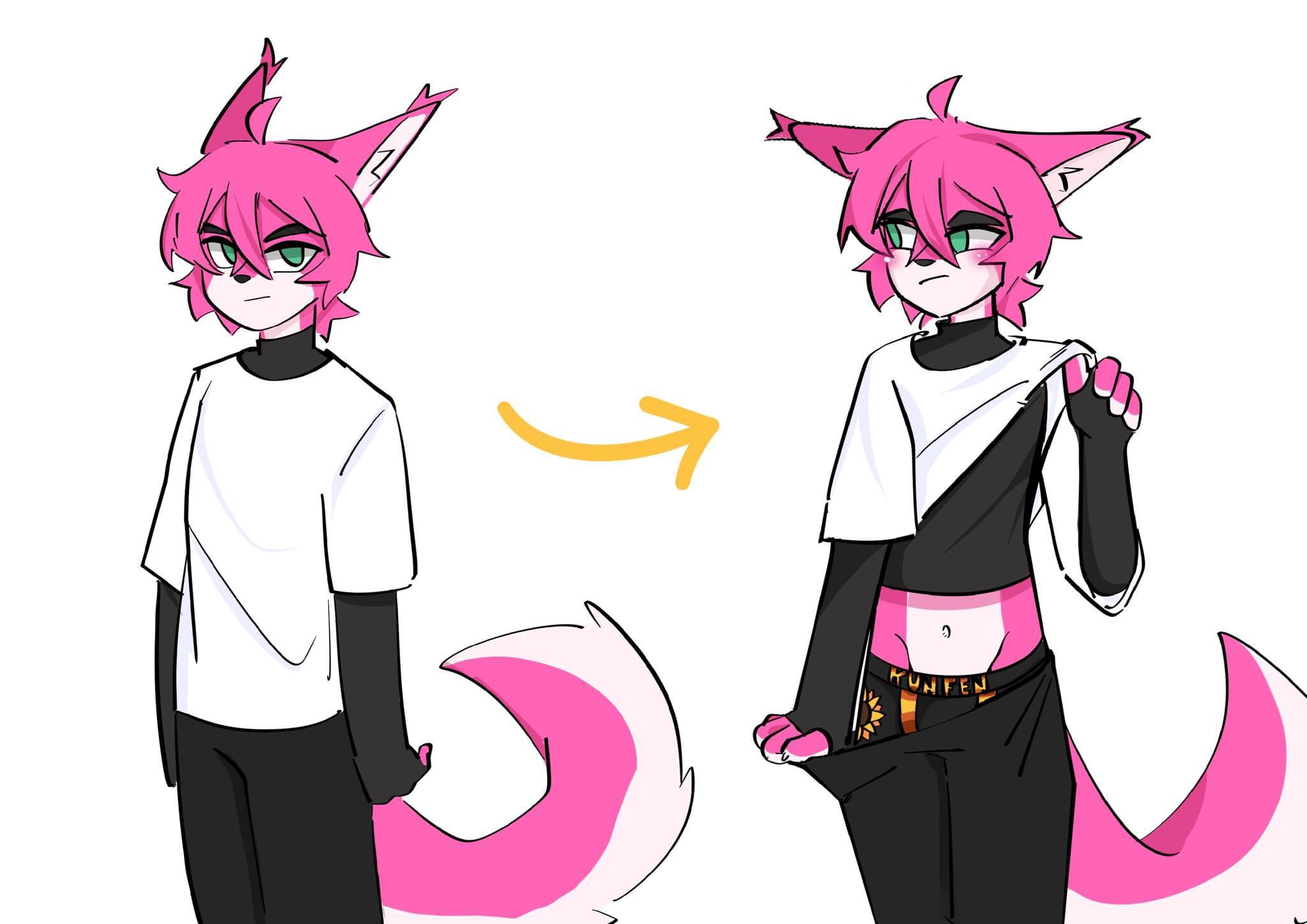hi res, pose, white background, anther, anthro, arm stockings, arrow, artist, belly button, black pants, bodily fluids, canid, canine, clothing, cum, cute, femboy, fox, genital fluids, green eyes, kunfen, lifting, lifting shirt, looking at viewer, male, male/male, mammal, pink fur, pink hair, pinup, shy, solo, tail, underwear, white shirt, 