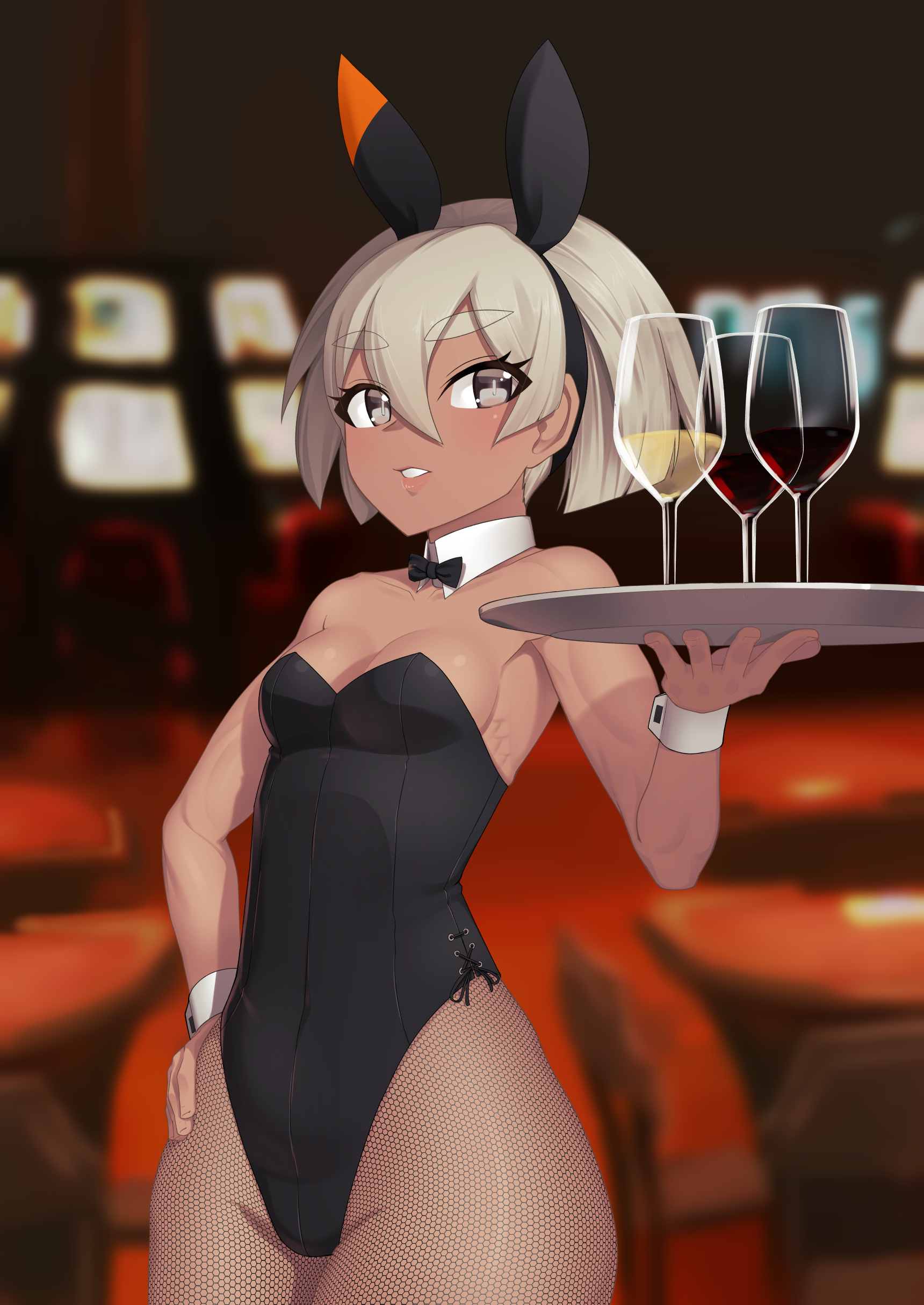 bea (pokemon), nintendo, pokemon ss, 1girls, black leotard, bowtie, breasts, bunny ears, casino, cups, detached collar, fake bunny ears, fishnet pantyhose, fishnets, grey eyes, grey hair, hand on hip, holding tray, leotard, looking at viewer, medium breasts, pantyhose, playboy bunny, pokemon, putcher, short hair, slot machine, tray, waitress, waitress uniform, wine glass, wrist cuffs, 