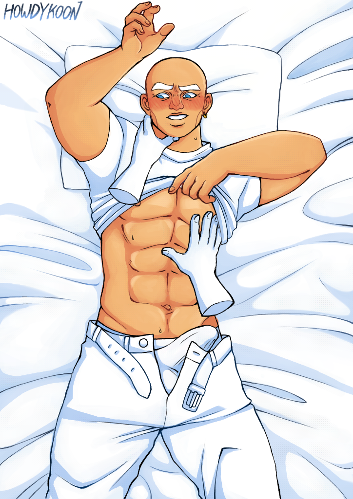 1boy, abs, bald, bed sheets, blue eyes, blush, bulge, erection, gay, hands, howdychan, mr clean, pillow, shirt, shirt lift, six pack, tanned, underwear, white clothing, white shirt, white underwear, yaoi, 