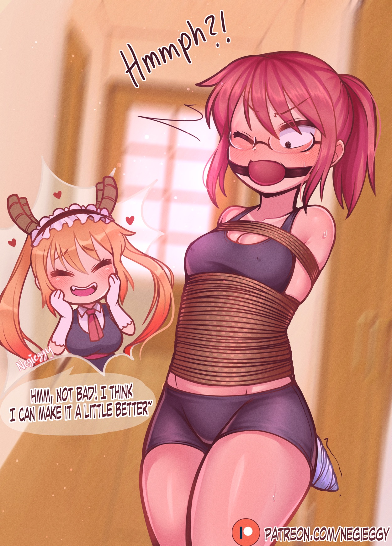 kobayashi, tohru (dragon maid), angry, ball gag, bike shorts, blush, bondage, female, gag, gagged, gagged speech, glasses, kobayashi-san chi no maidragon, maid, maid headdress, maid uniform, negieggy, nipple bulge, nipples visible through clothing, ponytail, red hair, rope, rope bondage, shorts, spats, sports bra, sweatdrop, taped hands, thighs, twintails, yuri, 