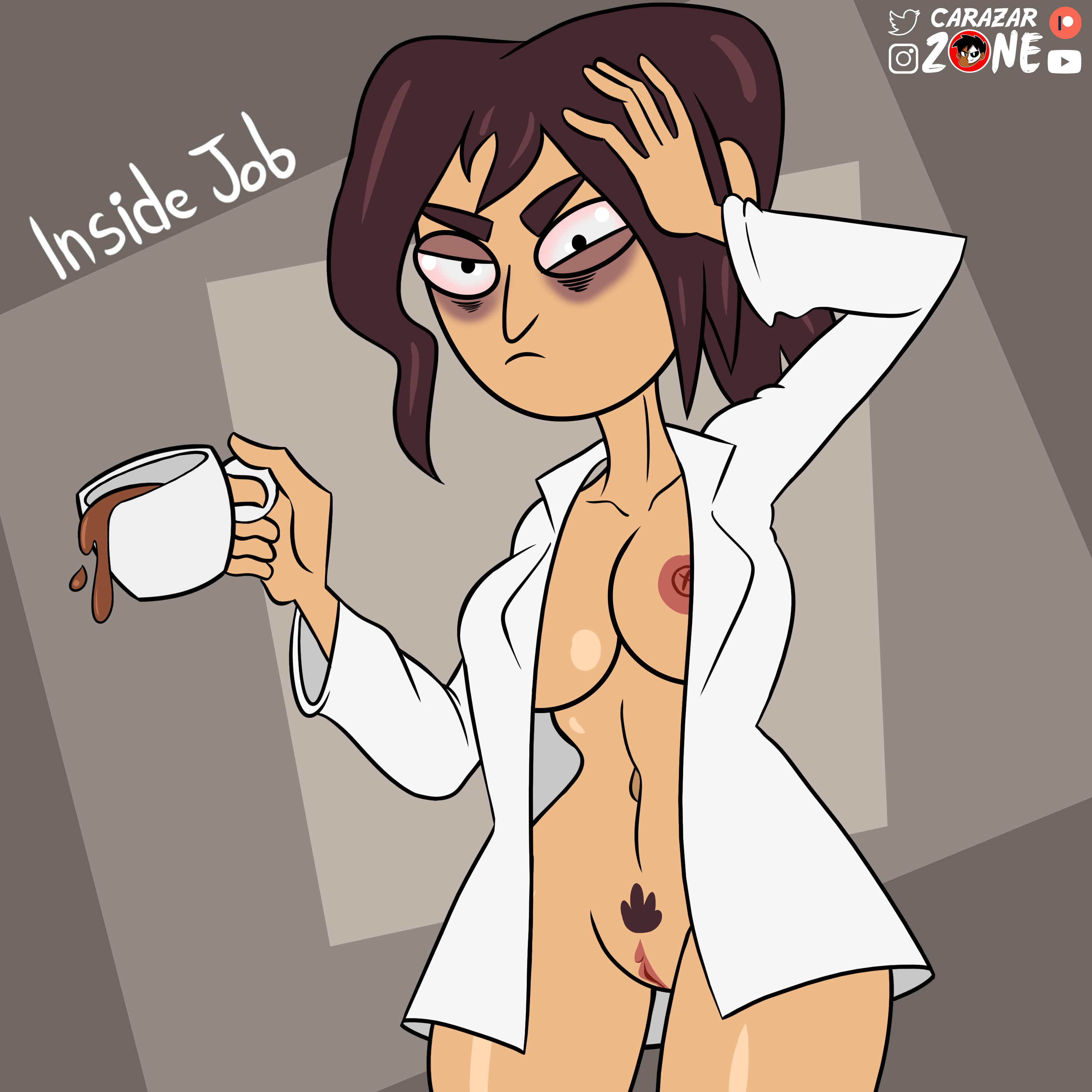 alchohol, areolae, big breasts, carazar zone, clothing, inside job, medium hair, nipples, pubic hair, pussy, reagan ridley, scientist, solo focus, 