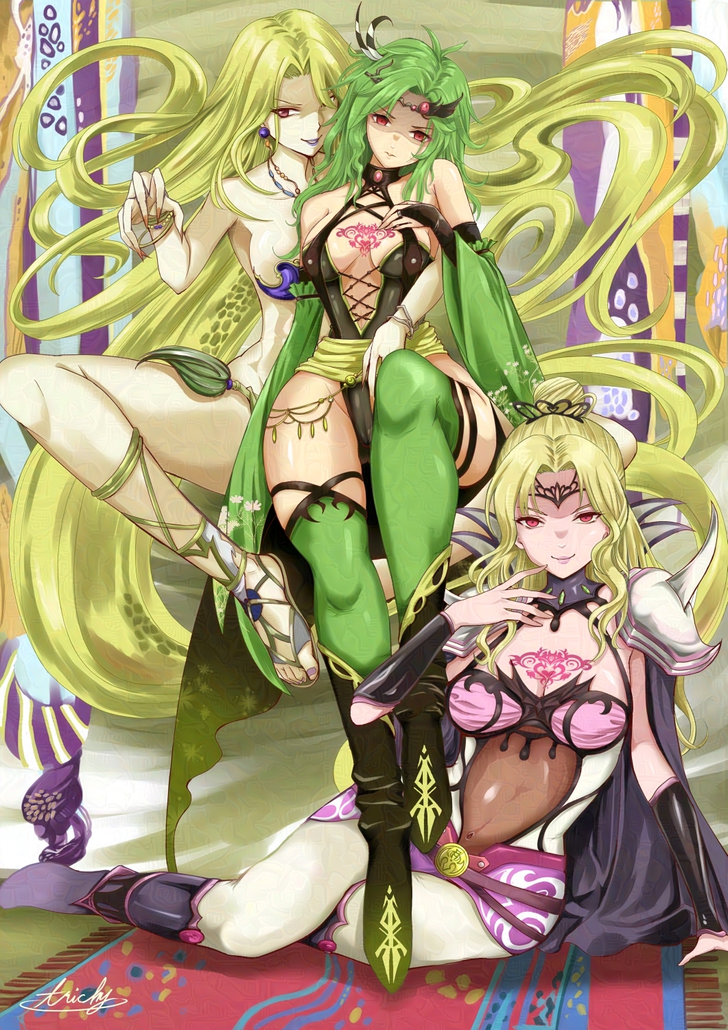 barbariccia, rosa farrell, rydia, final fantasy, final fantasy iv, final fantasy iv the after, nintendo, square enix, hi res, 3girls, accessory, archfiend, bikini, bikini armor, blonde hair, brainwashing, clothing, collar, corruption, corset, diadem, earrings, elemental, elemental creature, elemental humanoid, empty eyes, evil smile, femdom, femsub, gloves, grabbing, green hair, hair ornament, hand on breast, hand on hip, humanoid, indoors, large breasts, legs, legwear, leotard, light skin, lipstick, looking at another, looking at viewer, lying, magician, mind control, multiple girls, multiple subs, nao3675, open legs, painted nails, pale skin, ponytail, purple lipstick, queen, red eyes, seductive smile, short hair, sitting, sitting on person, smile, spread legs, summoner, symbol, tattoo, teeth, teeth showing, thighs, young, younger female, 
