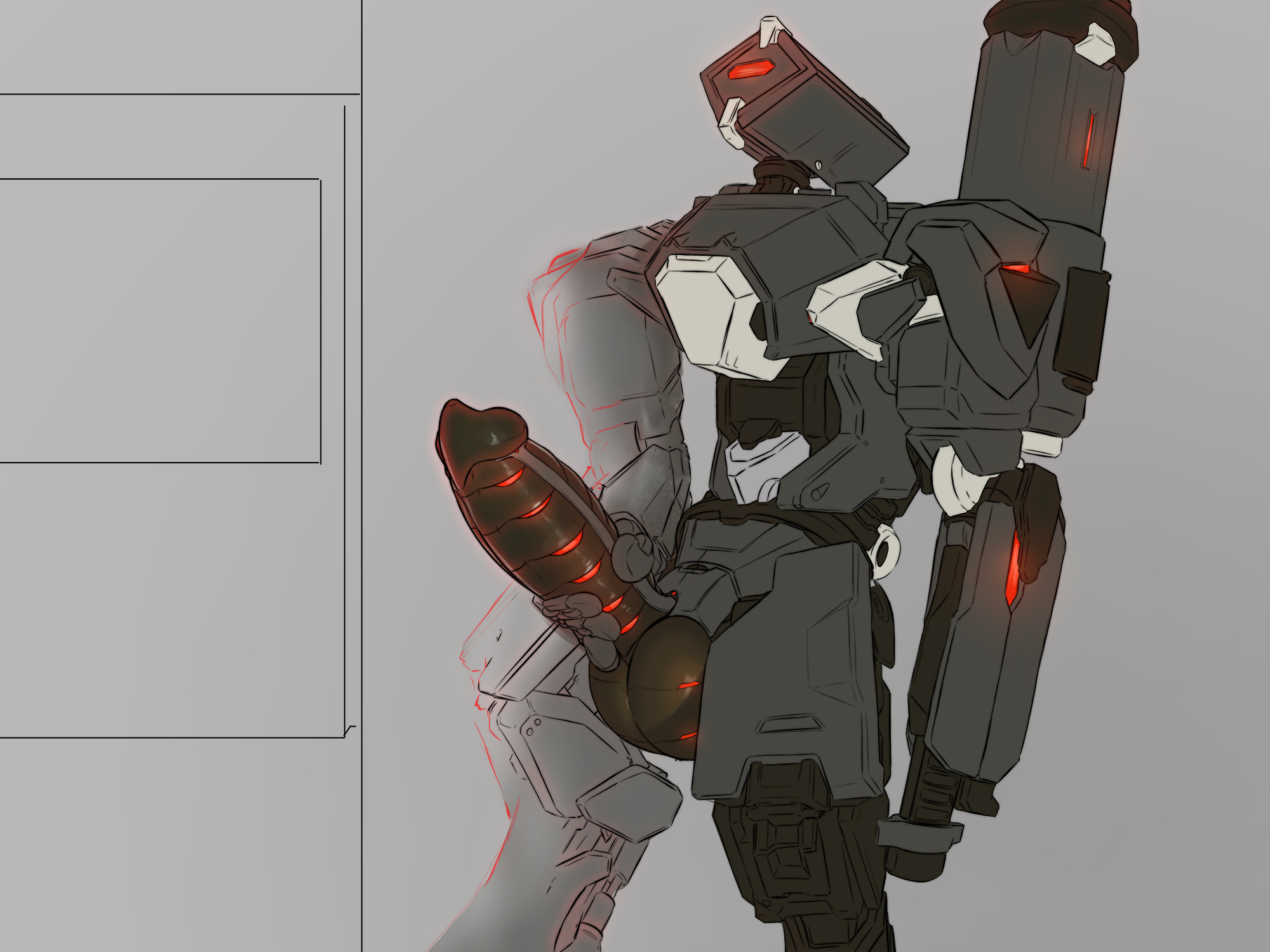 bastion (overwatch), blizzard entertainment, overwatch, 1 eye, 1boy, 1male, alternate costume, big balls, big penis, black metal, black penis, gatling gun, gun, jerkingoff, looking up, male, male focus, male only, mechanical, mechanical arm, mechanical penis, metallic body, omnic, penis, penis out, pointed penis, red eye, red light, robot, robot boy, 