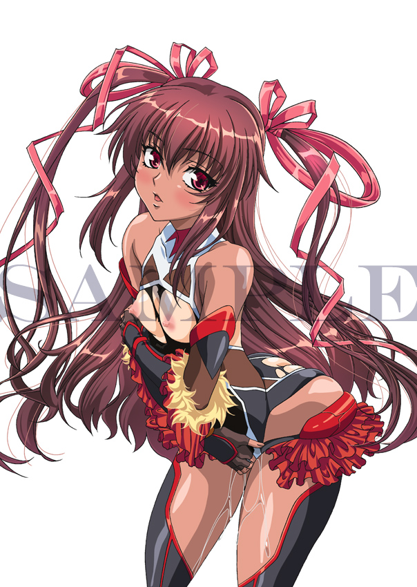 artist request, mizuki yukikaze, lilith-soft, taimanin (series), taimanin yukikaze, watermark, ass, bare shoulders, blush, bodysuit, breasts, brown hair, curvy, eyebrows visible through hair, female, hair between eyes, hair ribbon, leotard, long hair, looking at viewer, nipples, one-piece tan, ribbon, shiny, shiny skin, small breasts, solo, tan, tanline, very long hair, 