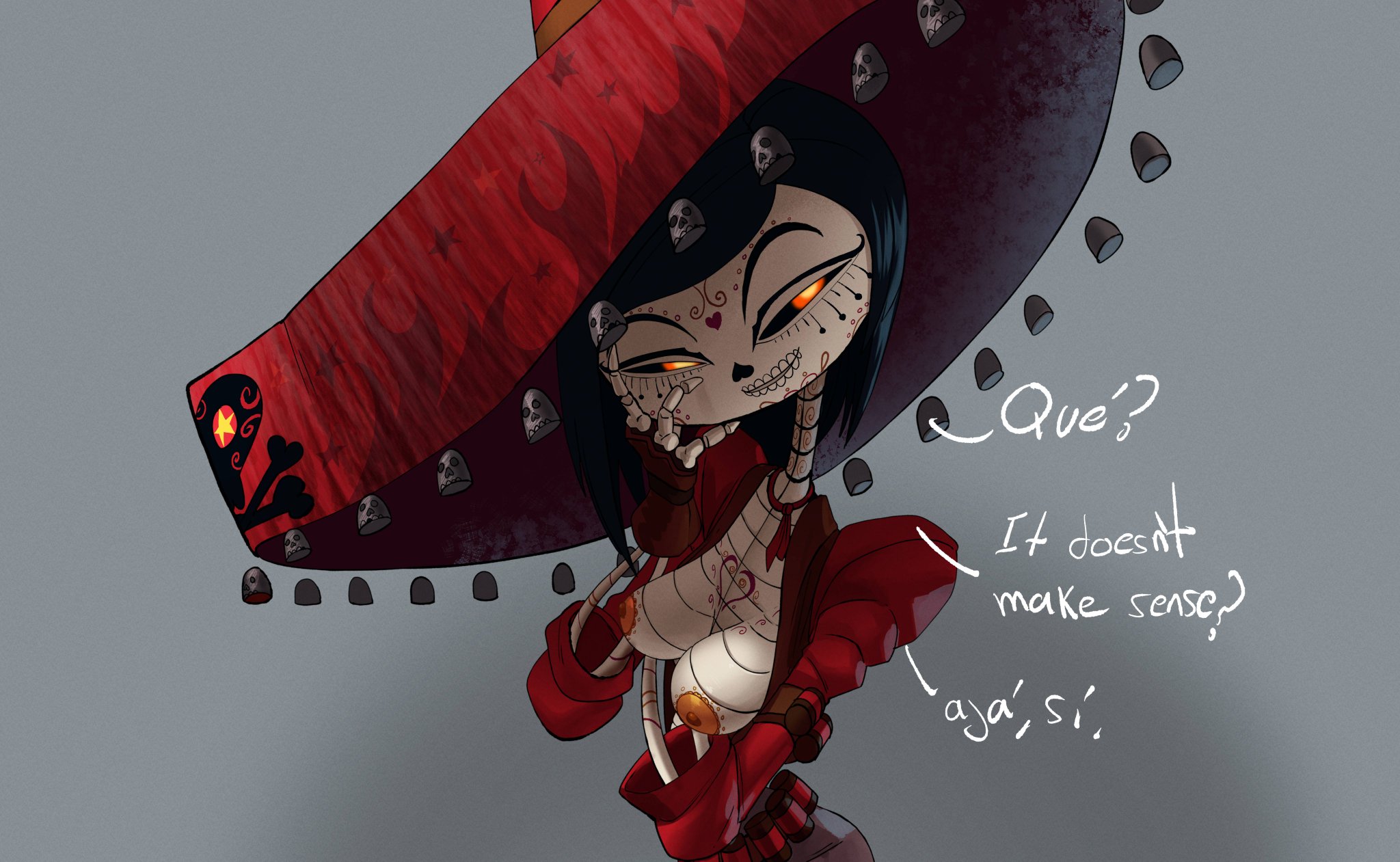 inkershike, the book of life, color, colored, english text, spanish text, text, 2022, adelita sanchez, areola, areolae, black hair, bones, breasts, breasts out, brown hair, bullets, coolerinker, dia de los muertos, dialog, dialogue, dress, english, eyebrows, eyelashes, eyes, female, female only, fingers, hair, hands, hat, heart, heart shaped nose, inker comics, latina, medium breasts, mexican, mexican female, monster, monster girl, nipples, no bra, no humans, nose, orange eyes, orange nipples, pinup, plump breasts, red dress, red heart, red sombrero, short hair, skeleton, skeleton girl, skeleton print, skinny, skinny girl, skinny waist, skull, smile, sombrero, spanish, spanish dialogue, speech, topless, topless female, undead, undead female, yellow eyes, 