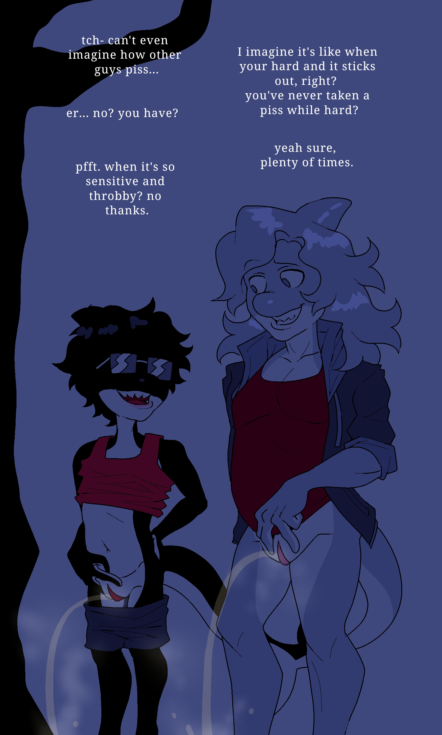 original character, original, 2d, digital media (artwork), 2anthro, 2boys, 2male, 2males, 2men, anthro, anthro only, casual, casual exposure, casual nudity, cetacean, cetacean genitalia, cetacean tail, conversation, digital art, dumb conversation, feminine male, forest, friends, friendship, idiot, innocent, joke art, jonah (mr shrink), long hair, male, mr shrink, no sex, orca, pantsless, partially clothed, partially clothed male, partially nude, partially undressed, peeing, peeing on ground, peeing on tree, peeing standing up, pissing on floor, pissing on ground, pissing on tree, sharp teeth, shiny hair, shorter male, shorts down, simon (mr shrink), size difference, slit, slit spreading, spreading slit, steam, steaming body, steaming piss, steamy piss, stupid, talking, talking to another, taller male, urine, woods, 