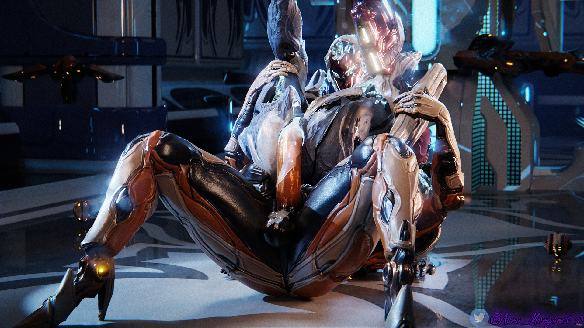 tenno, warframe, 16:9, hi res, alien, auramargaret, balls, bodily fluids, cum, cum in pussy, cum inside, cum on balls, cum on penis, duo, female, female/female, genital fluids, genitals, glowing, glowing genitalia, glowing pussy, humanoid, intersex, intersex/female, legs up, penis, protea (warframe), pussy, video games, widescreen, xaku(warframe), 
